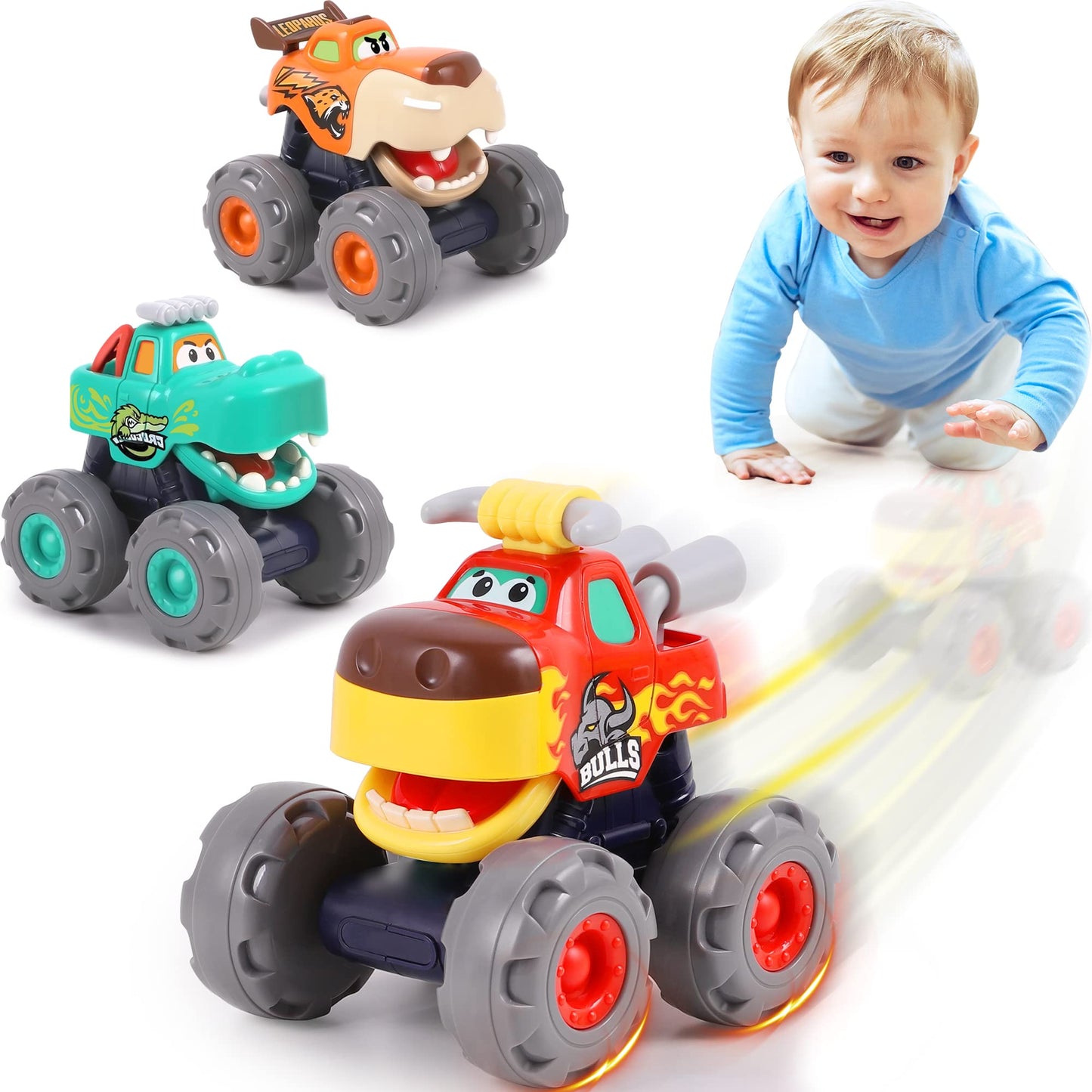iPlay iLearn 3PCS Monster Truck Toys – Friction, Pull-Back & Push-Go Animals for Toddlers (12–48 Months)