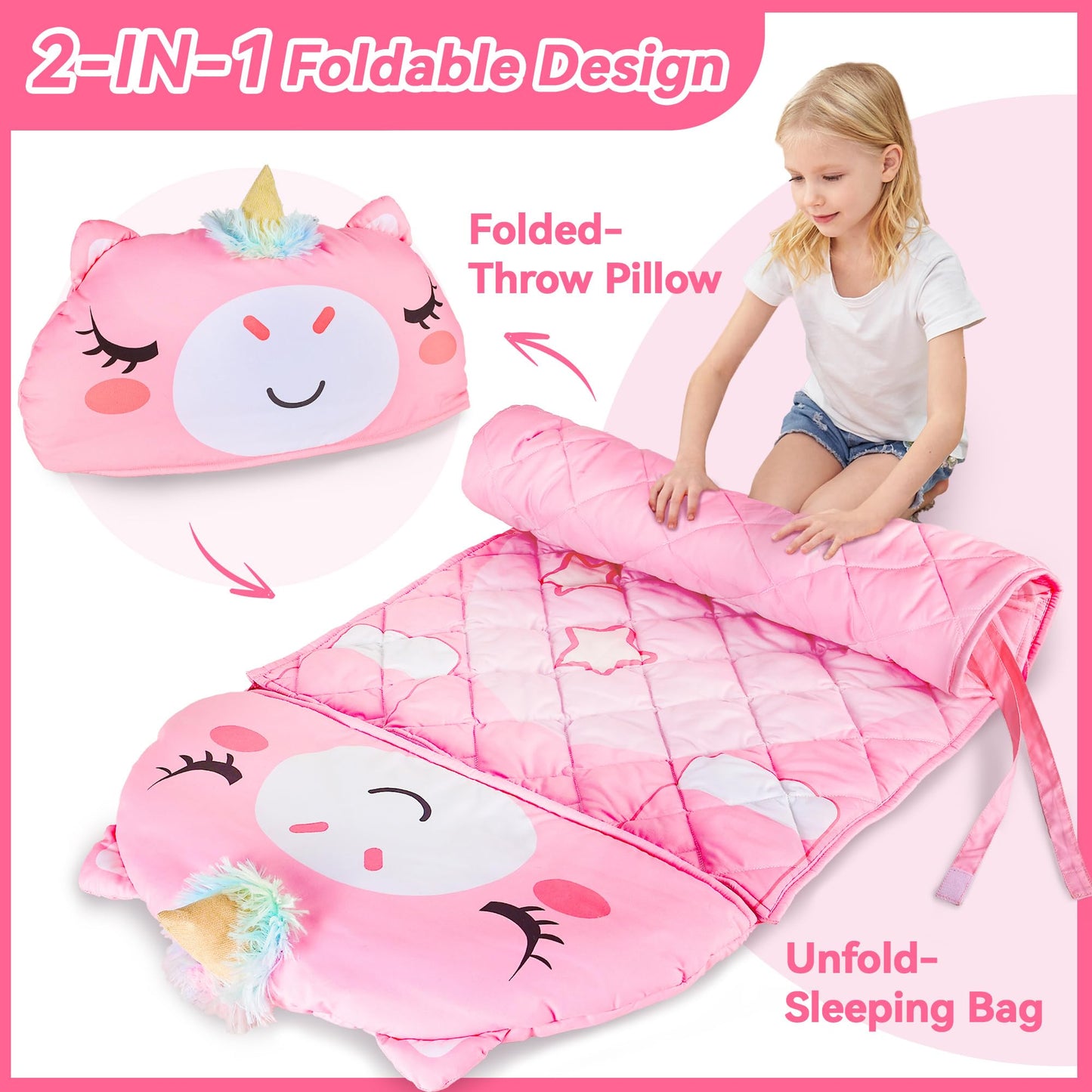 iPlay iLearn Unicorn Slumber Sack – 2-in-1 Pink Nap Mat for Kids 3-6