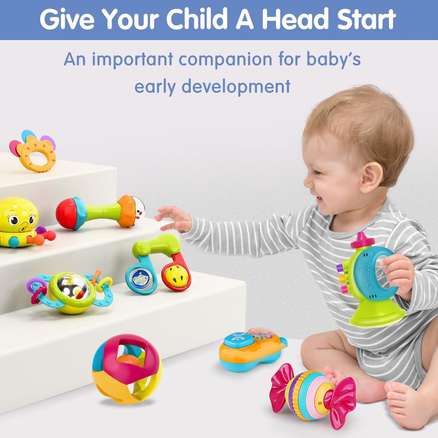 iPlay iLearn 10pcs Baby Rattles Set — Sensory Teether & Shaker Toys for Babies 0-12 Months
