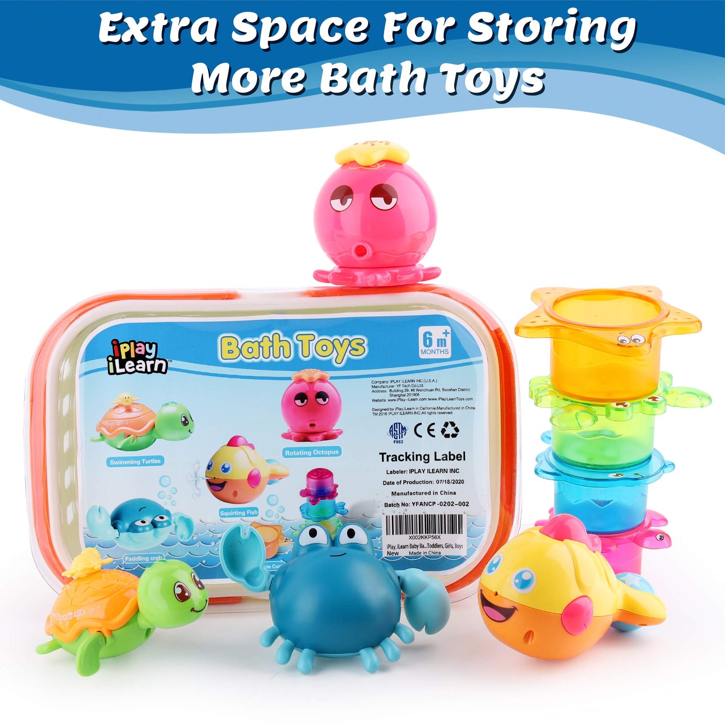 iPlay iLearn Baby Bath Toys with Organizer – Squirting Octopus, Wind-Up Turtle, Stacking Cups, 6–36 Months