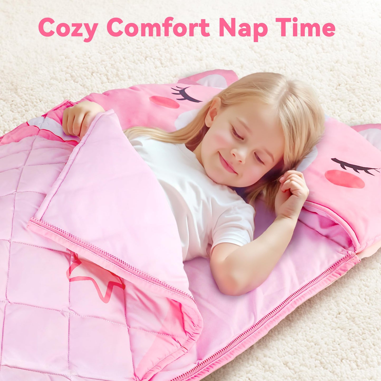 iPlay iLearn Unicorn Slumber Sack – 2-in-1 Pink Nap Mat for Kids 3-6