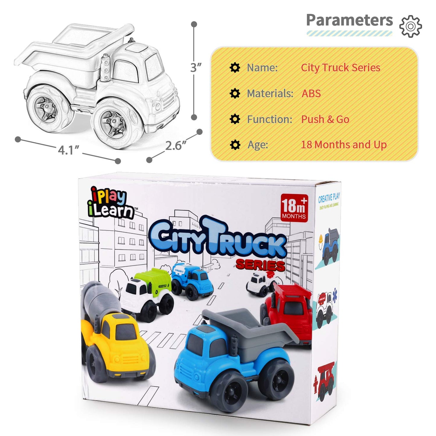 iPlay iLearn 6PCS Friction Cars – Push-Go Construction Trucks for Toddlers