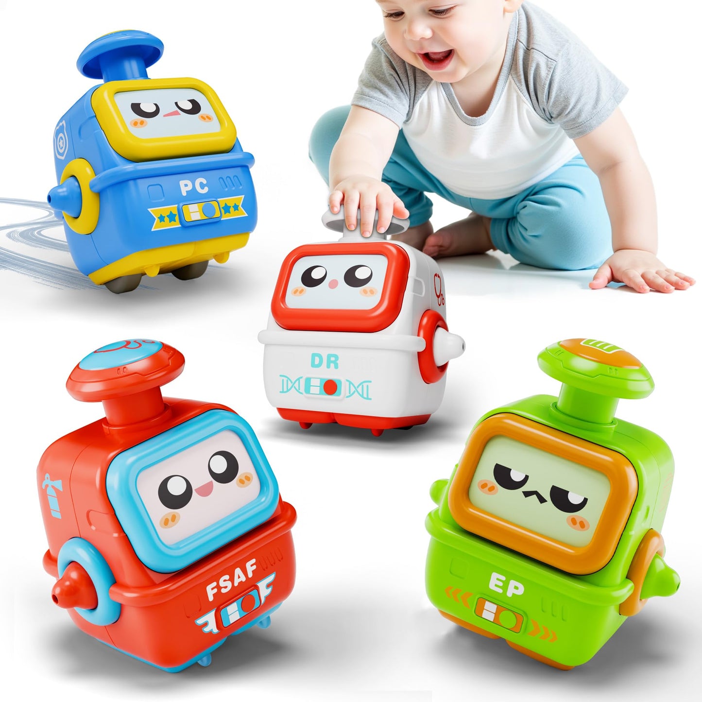 iPlay iLearn Press to Go Robot Car Toys - 4-Pack Push Cars for Toddlers 12-36 Months