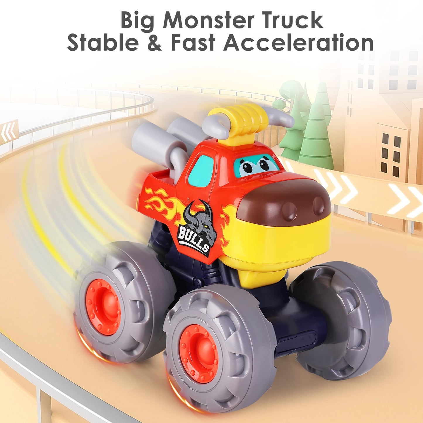 iPlay iLearn 3PCS Monster Truck Toys – Friction, Pull-Back & Push-Go Animals for Toddlers (12–48 Months)
