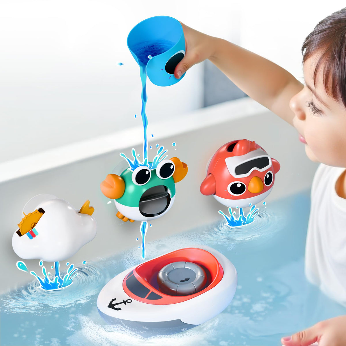 iPlay iLearn Baby Bath Toy Set for Toddlers 6–36 Months – Cloud See-Saw, Bird, Crab, Shower Cup & Wind-Up Boat