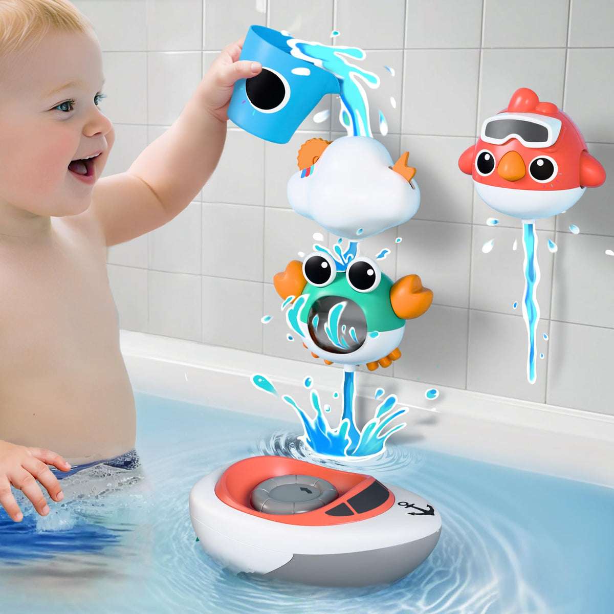 iPlay iLearn Baby Bath Toy Set for Toddlers 6–36 Months – Cloud See-Saw, Bird, Crab, Shower Cup & Wind-Up Boat