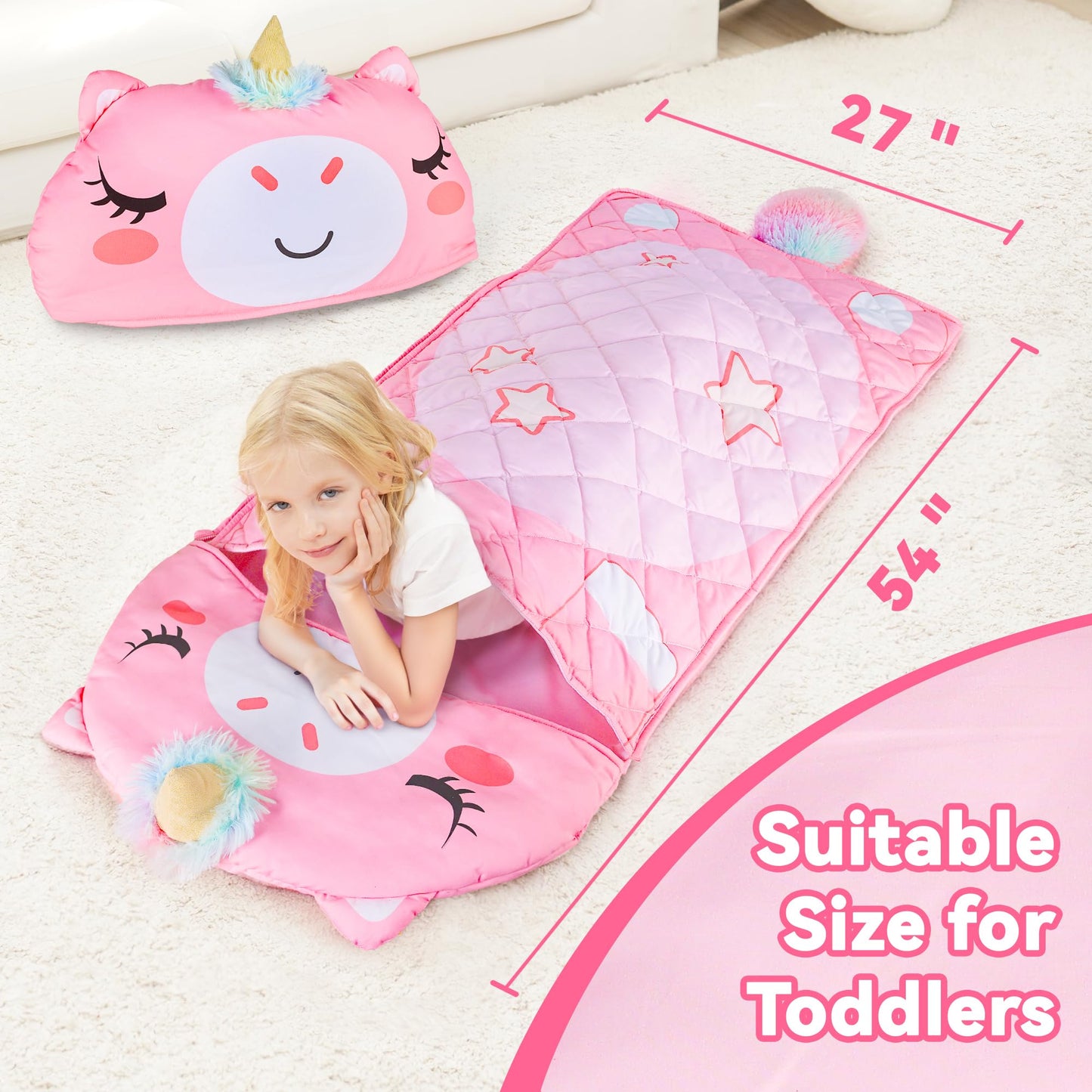iPlay iLearn Unicorn Slumber Sack – 2-in-1 Pink Nap Mat for Kids 3-6