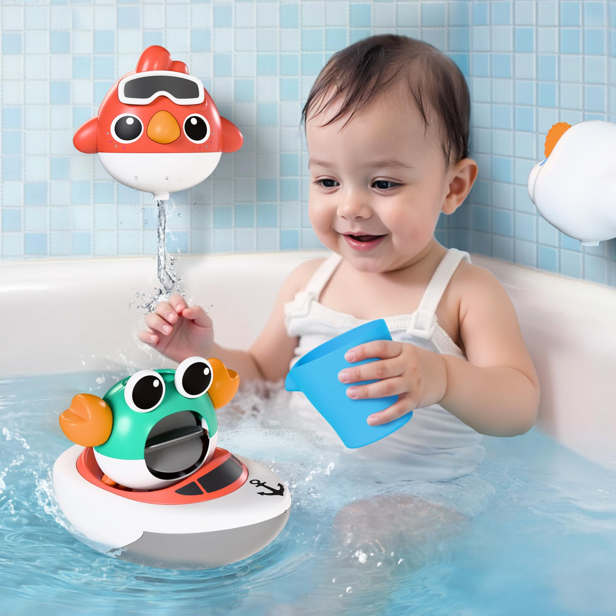 iPlay iLearn Baby Bath Toy Set for Toddlers 6–36 Months – Cloud See-Saw, Bird, Crab, Shower Cup & Wind-Up Boat