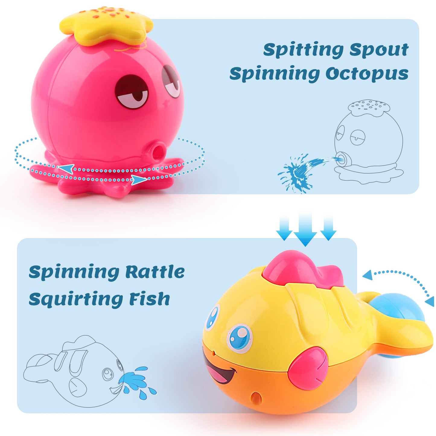 iPlay iLearn Baby Bath Toys with Organizer – Squirting Octopus, Wind-Up Turtle, Stacking Cups, 6–36 Months