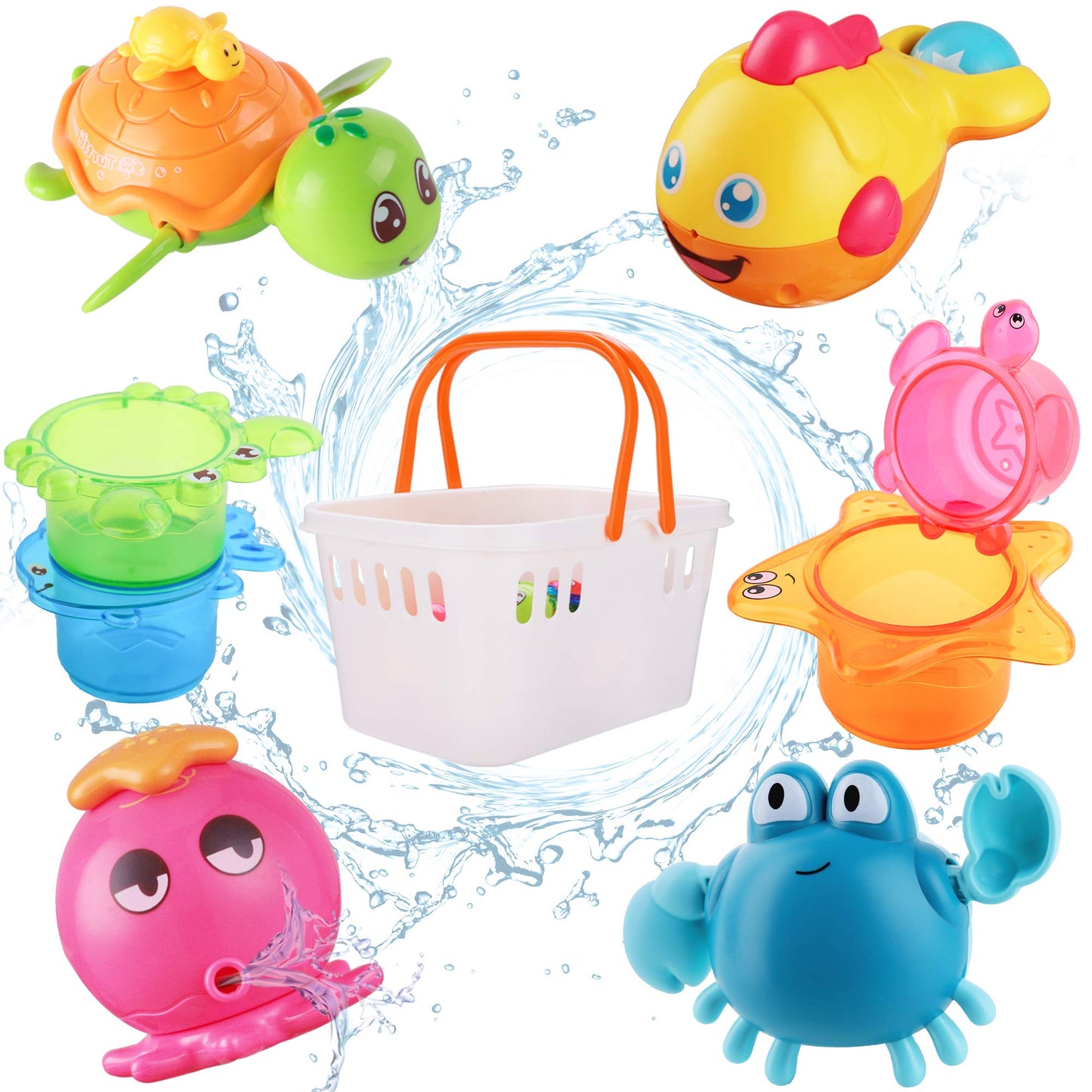 iPlay iLearn Baby Bath Toys with Organizer – Squirting Octopus, Wind-Up Turtle, Stacking Cups, 6–36 Months