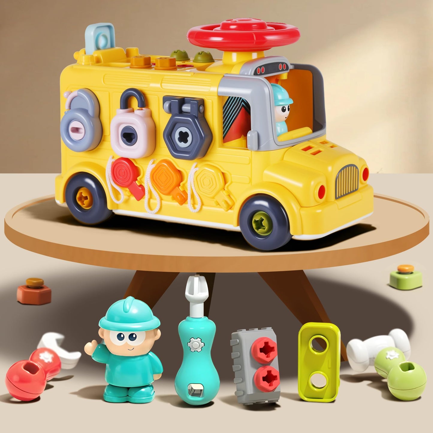 iPlay iLearn Toddler Busy Bus Toy – STEM Take-Apart School Bus with Tools, Gears & Steering Wheel (Ages 3-5)