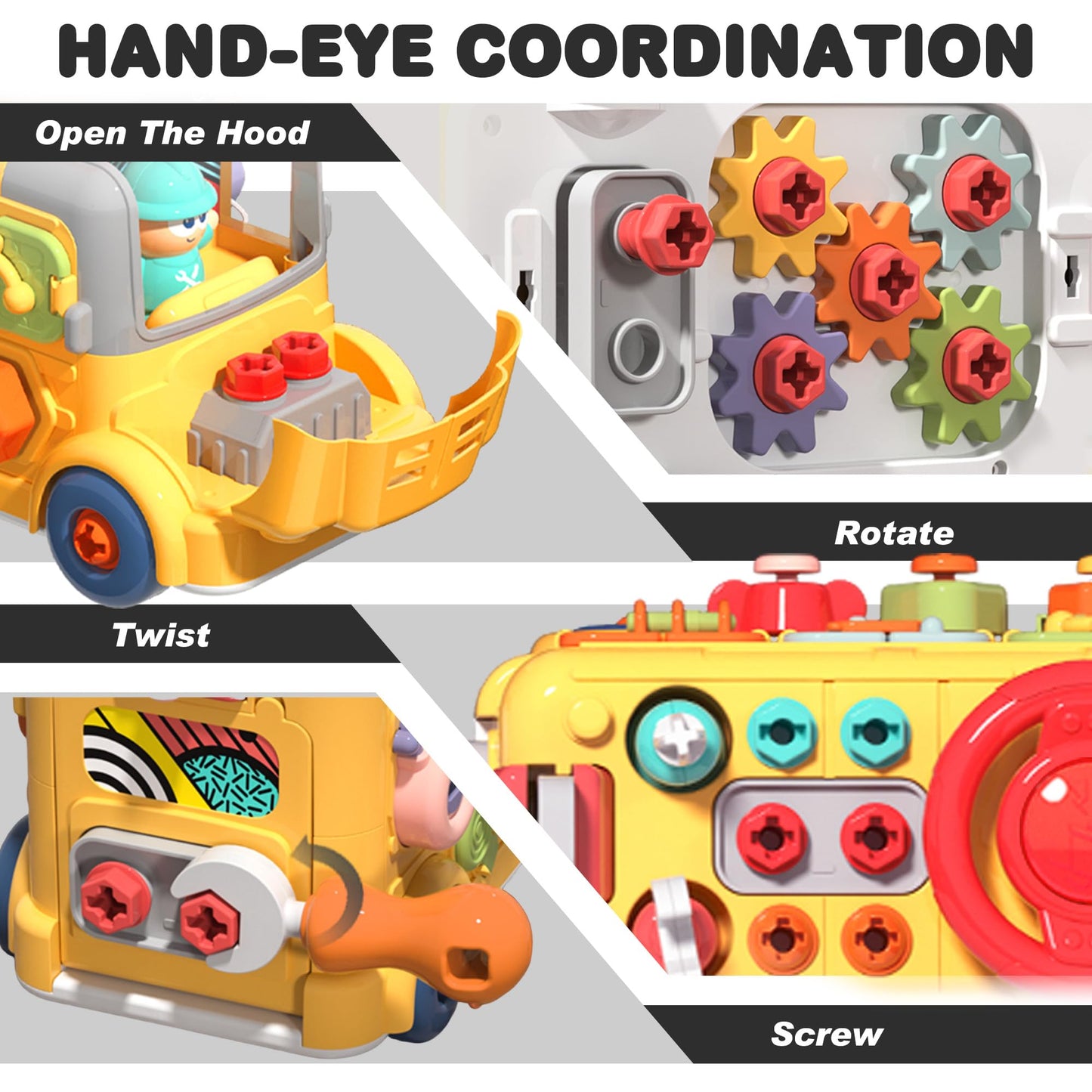 iPlay iLearn Toddler Busy Bus Toy – STEM Take-Apart School Bus with Tools, Gears & Steering Wheel (Ages 3-5)
