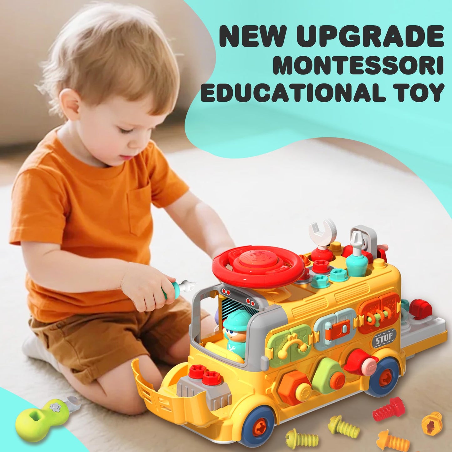 iPlay iLearn Toddler Busy Bus Toy – STEM Take-Apart School Bus with Tools, Gears & Steering Wheel (Ages 3-5)