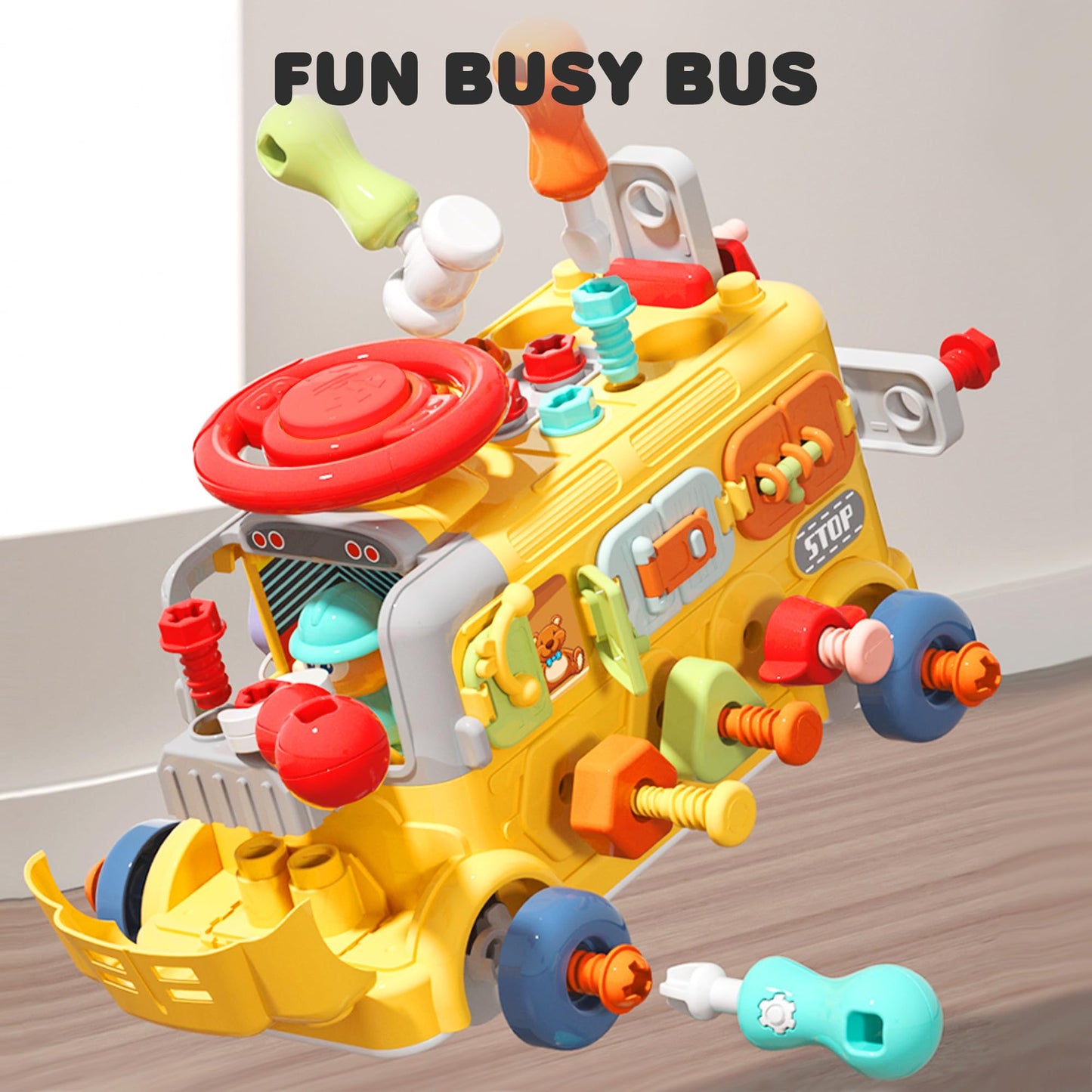 iPlay iLearn Toddler Busy Bus Toy – STEM Take-Apart School Bus with Tools, Gears & Steering Wheel (Ages 3-5)