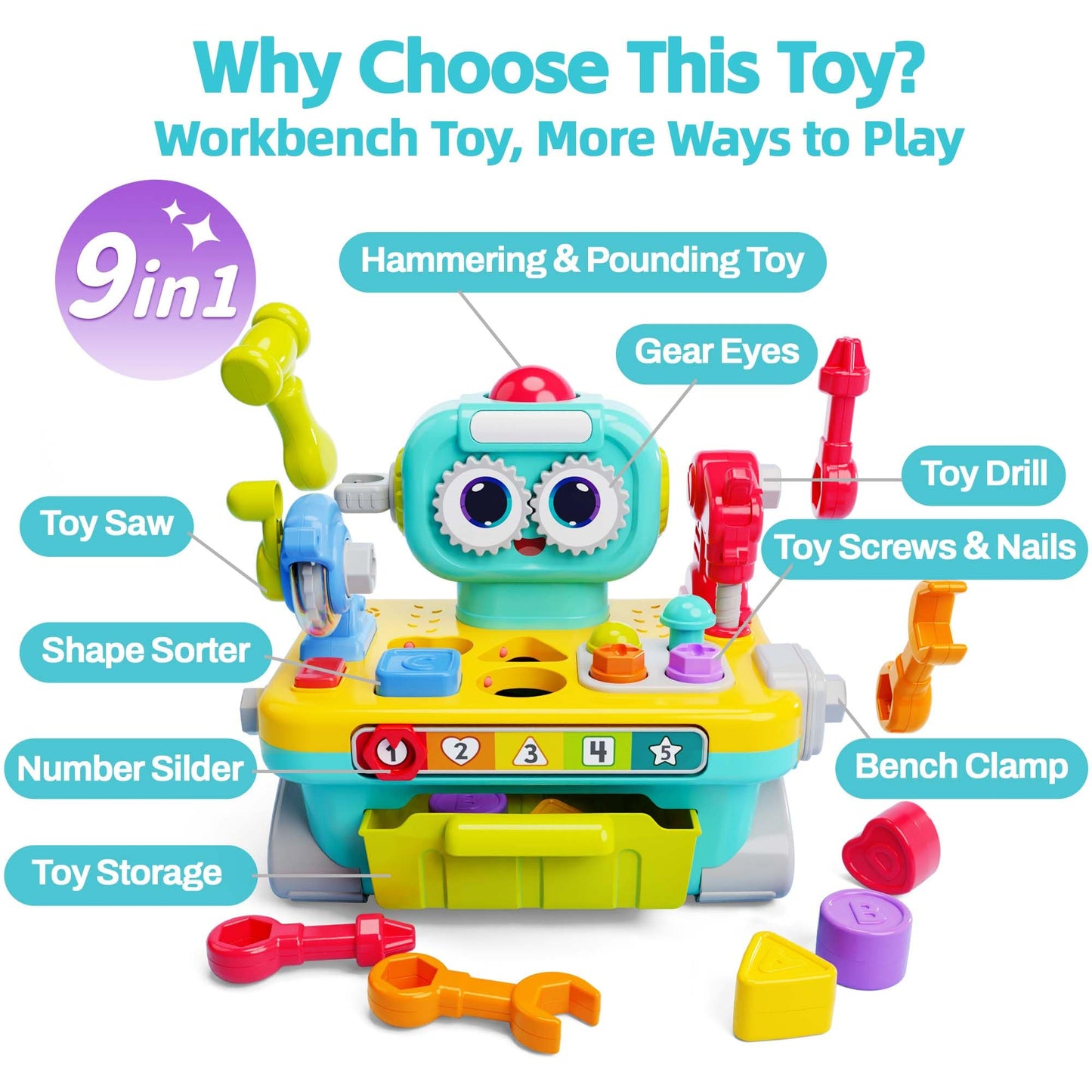 iPlay iLearn Toddler Musical Workbench Toy - Pretend Tool Set for 12-24 Months