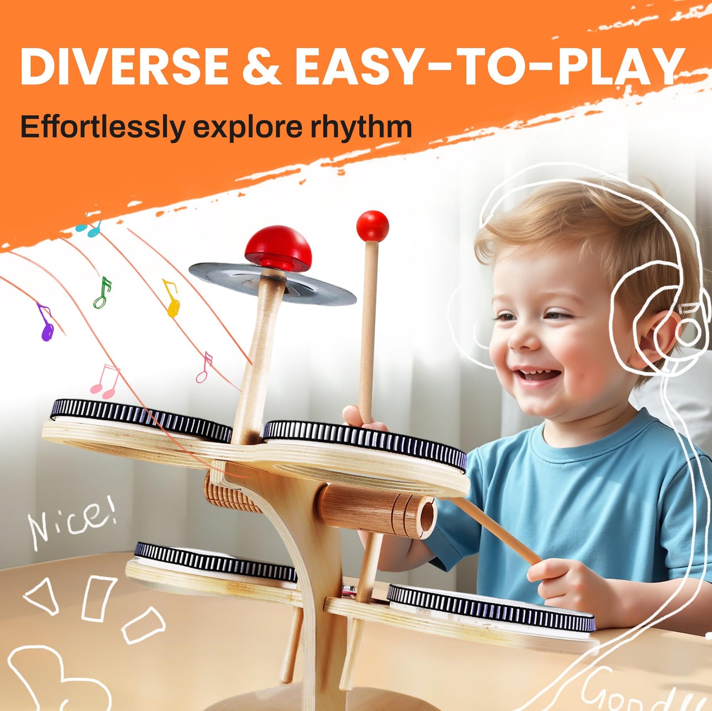 iPlay iLearn 8-in-1 Toddler Wooden Drum Set – Montessori Music Toy for 18 Months+