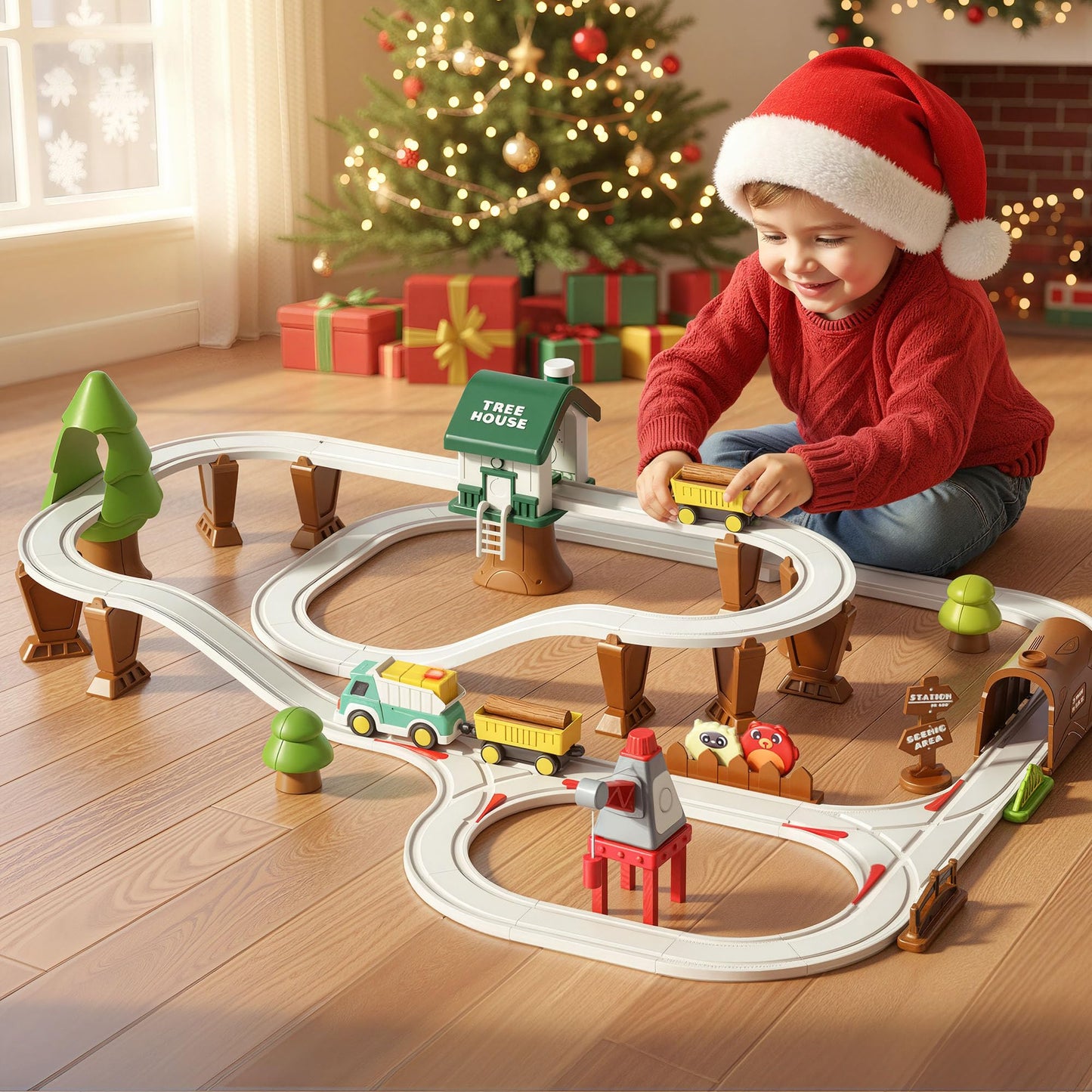 iPlay iLearn 62PCS Construction Track Train Set – Electric Train, Magnetic Crane & Building Playset