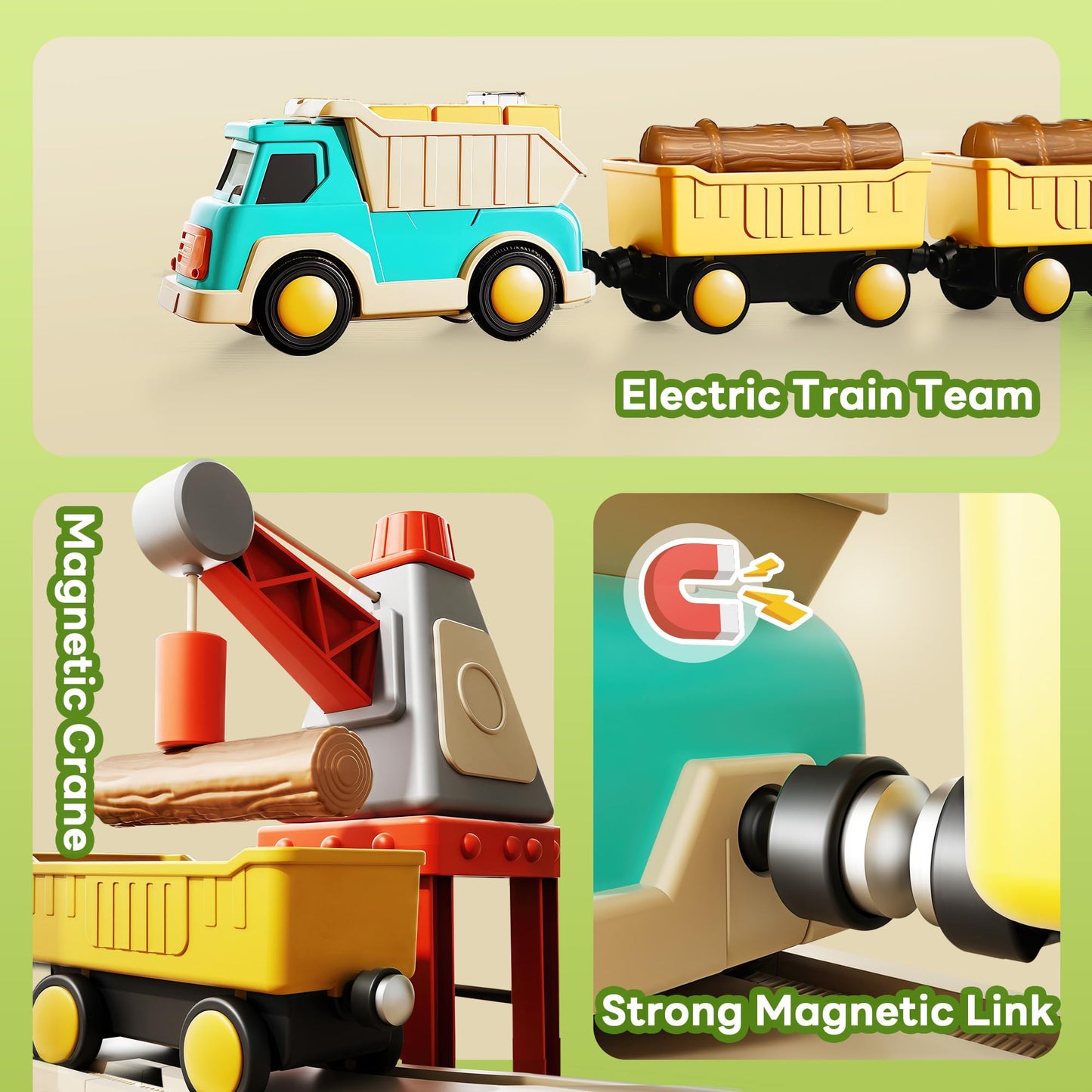 iPlay iLearn 62PCS Construction Track Train Set – Electric Train, Magnetic Crane & Building Playset