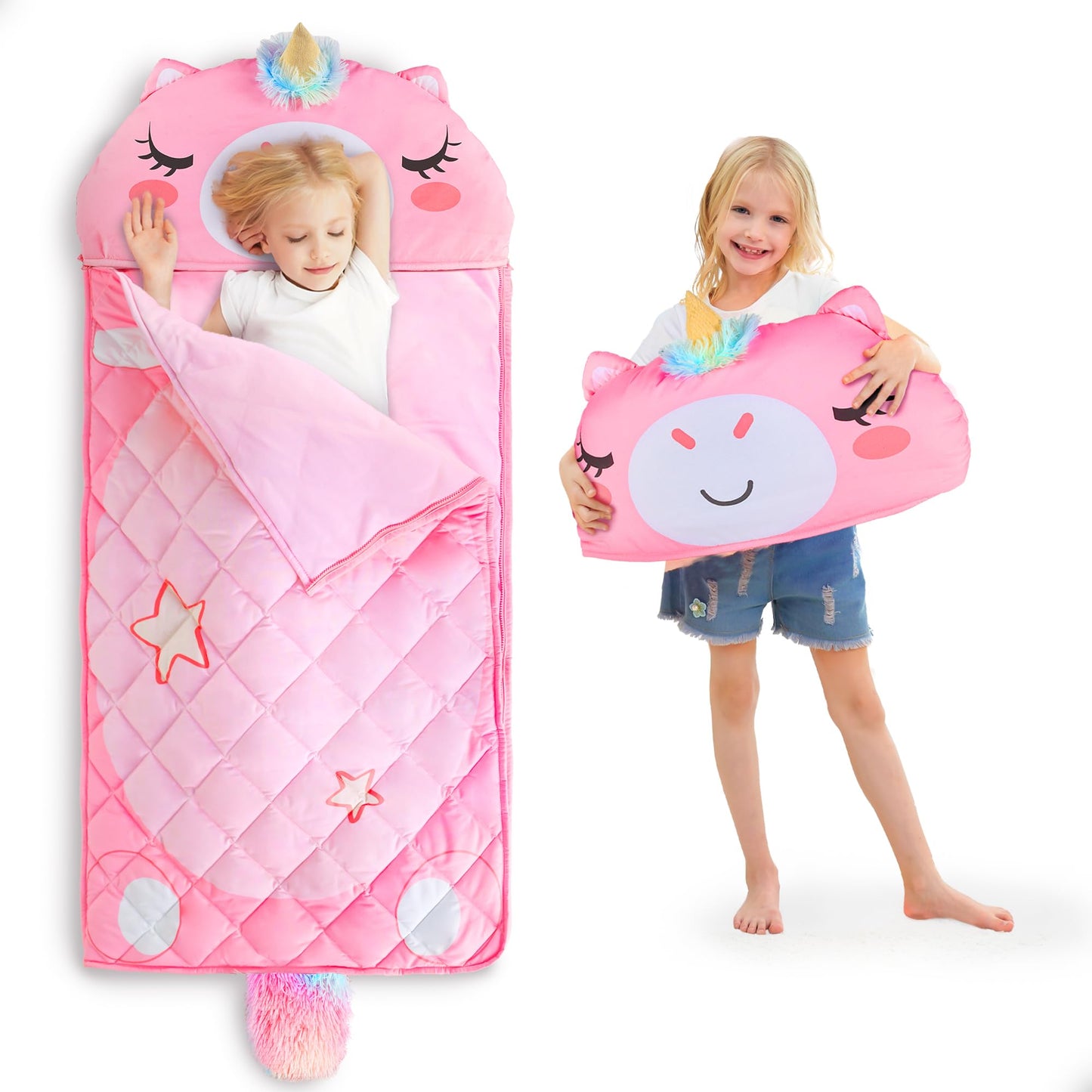 iPlay iLearn Unicorn Slumber Sack – 2-in-1 Pink Nap Mat for Kids 3-6