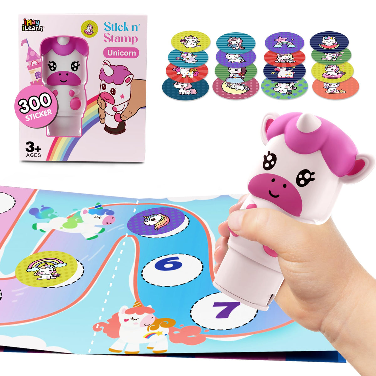 iPlay iLearn Unicorn Sticker Stamp Set – 400+ Stickers + 18-Page Activity Book | Mess-Free Creative Craft for Kids 3–6