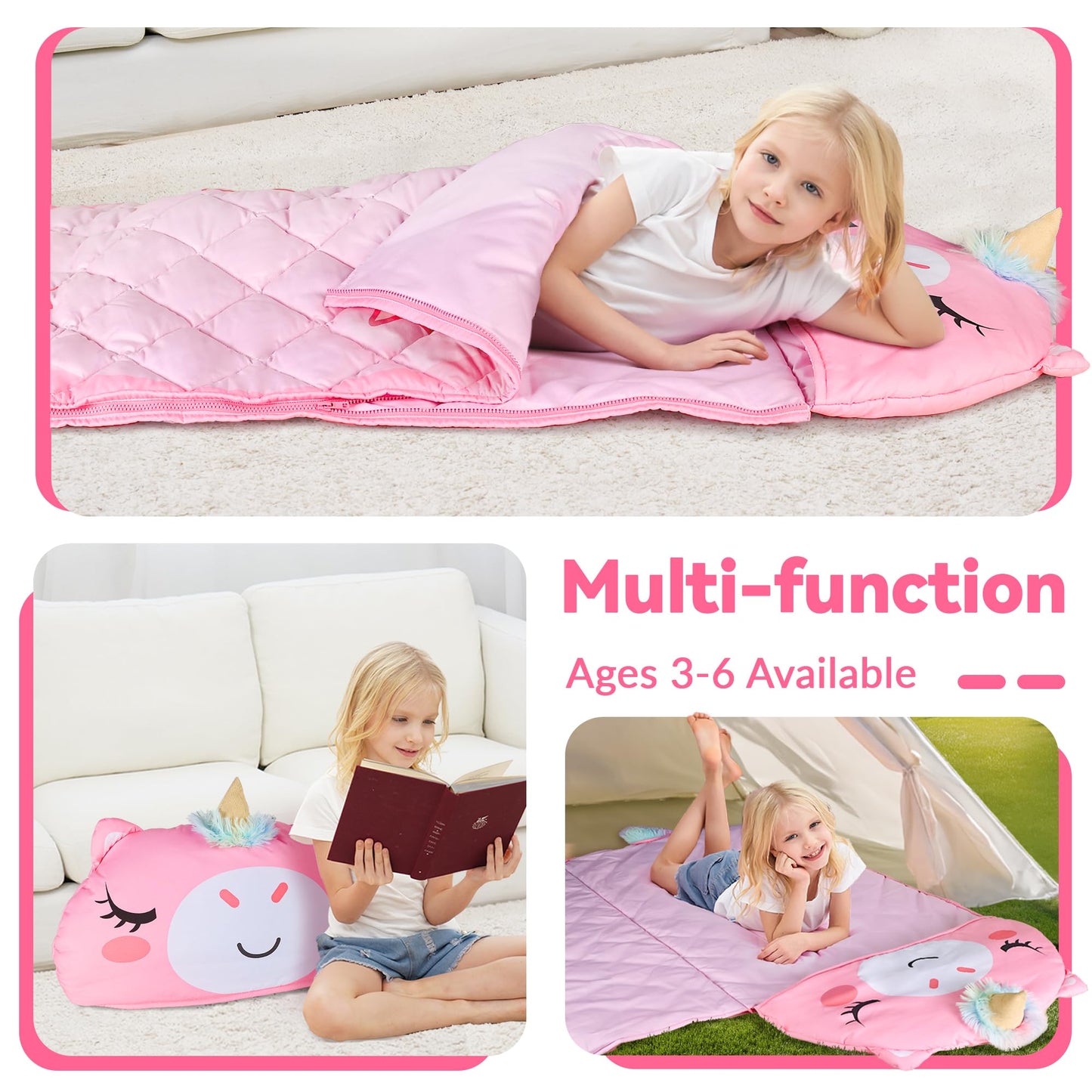 iPlay iLearn Unicorn Slumber Sack – 2-in-1 Pink Nap Mat for Kids 3-6