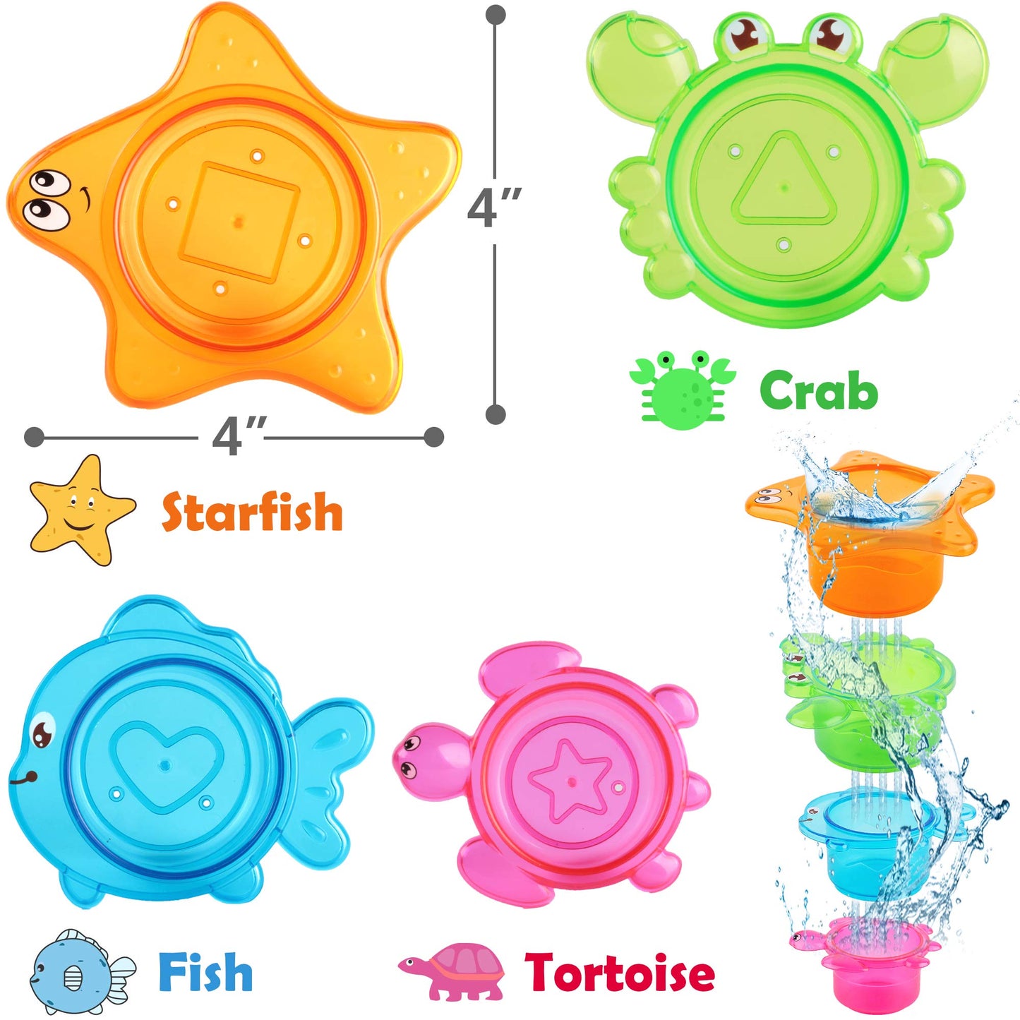 iPlay iLearn Baby Bath Toys with Organizer – Squirting Octopus, Wind-Up Turtle, Stacking Cups, 6–36 Months