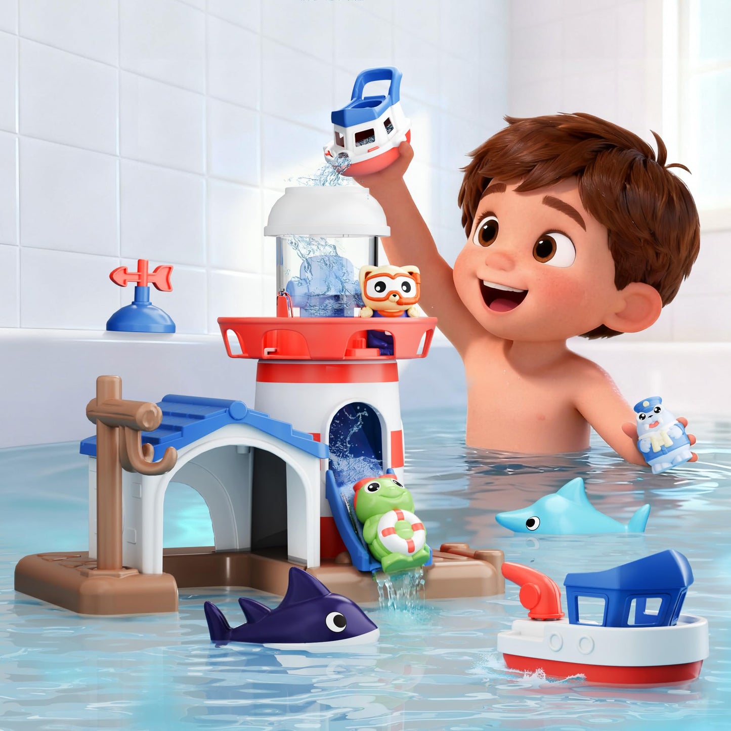 iPlay iLearn Bath Toys for Toddlers 2-4 | Lighthouse Bath Toy Set with Wind-Up Boat