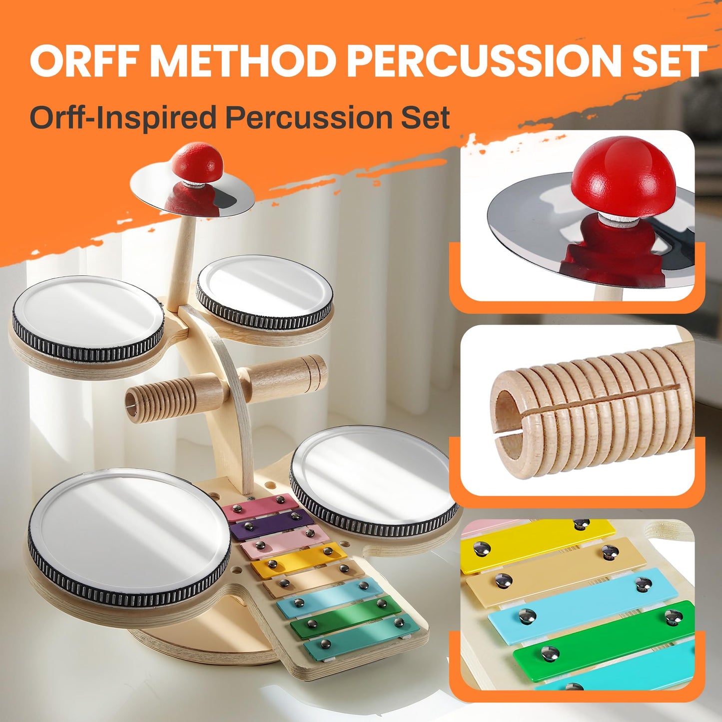 iPlay iLearn 8-in-1 Toddler Wooden Drum Set – Montessori Music Toy for 18 Months+