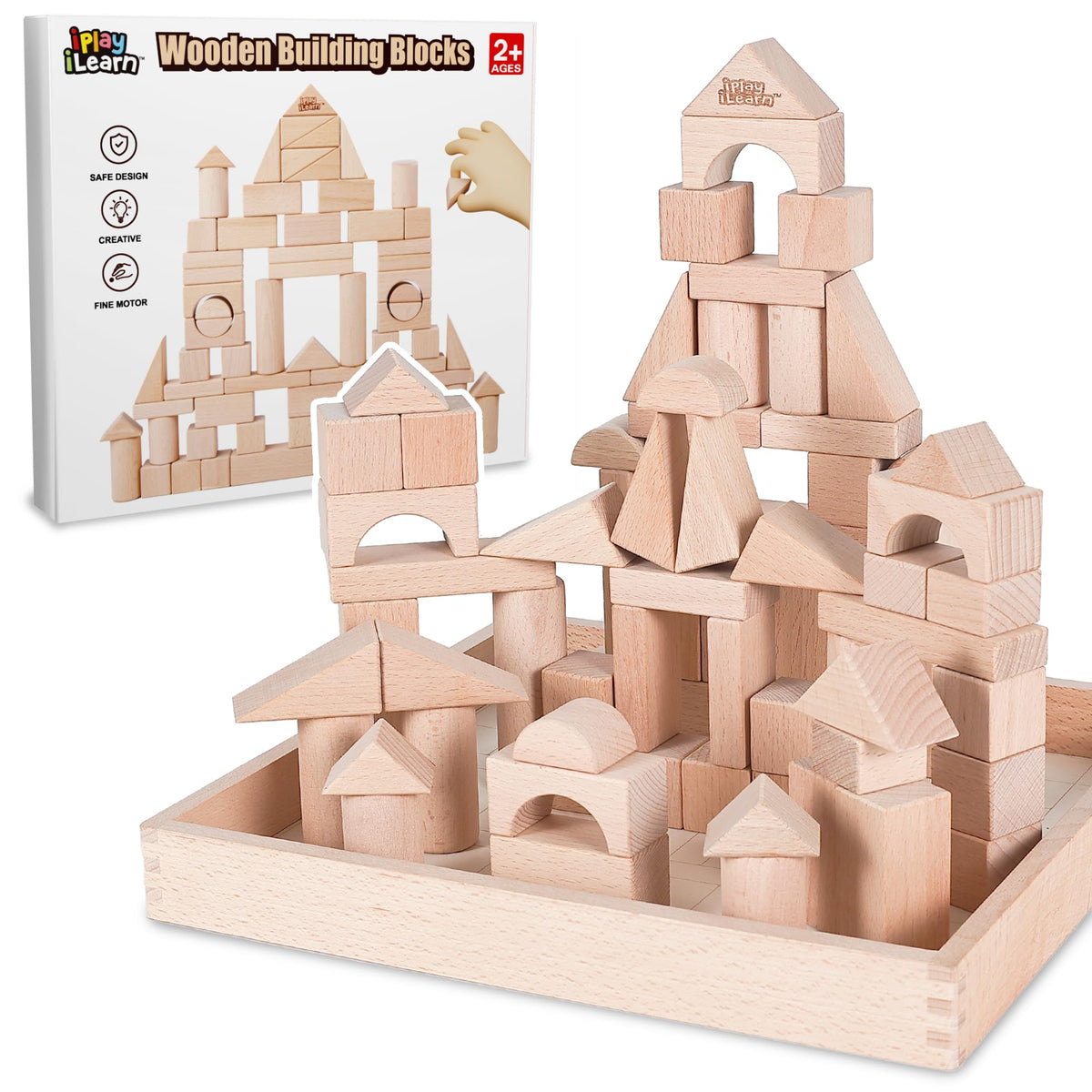 iPlay iLearn Wooden Building Block Set for Kids — Montessori Blocks & Wooden Castle Toy