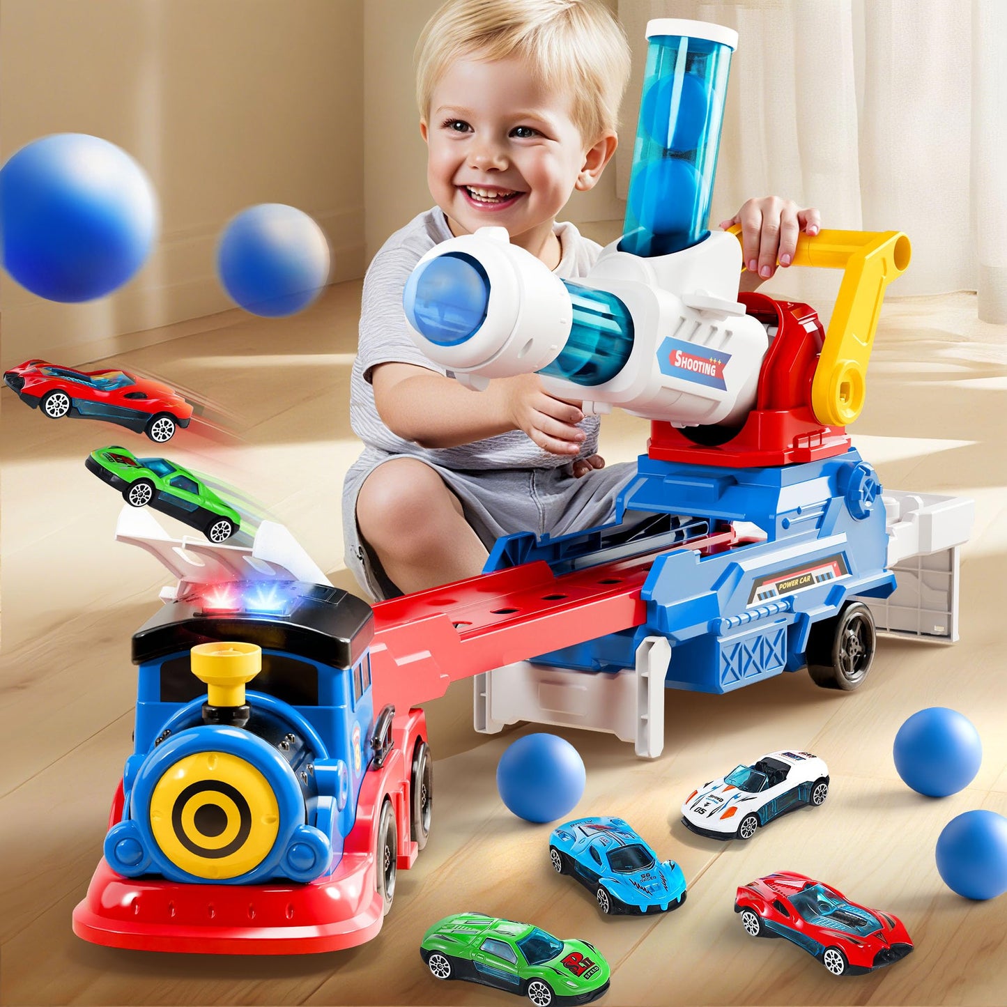 iPlay iLearn Kids Launching Truck Toy – 4 Diecast Cars, Ball Launcher, 28.5-Inch Racetrack for Ages 3-5