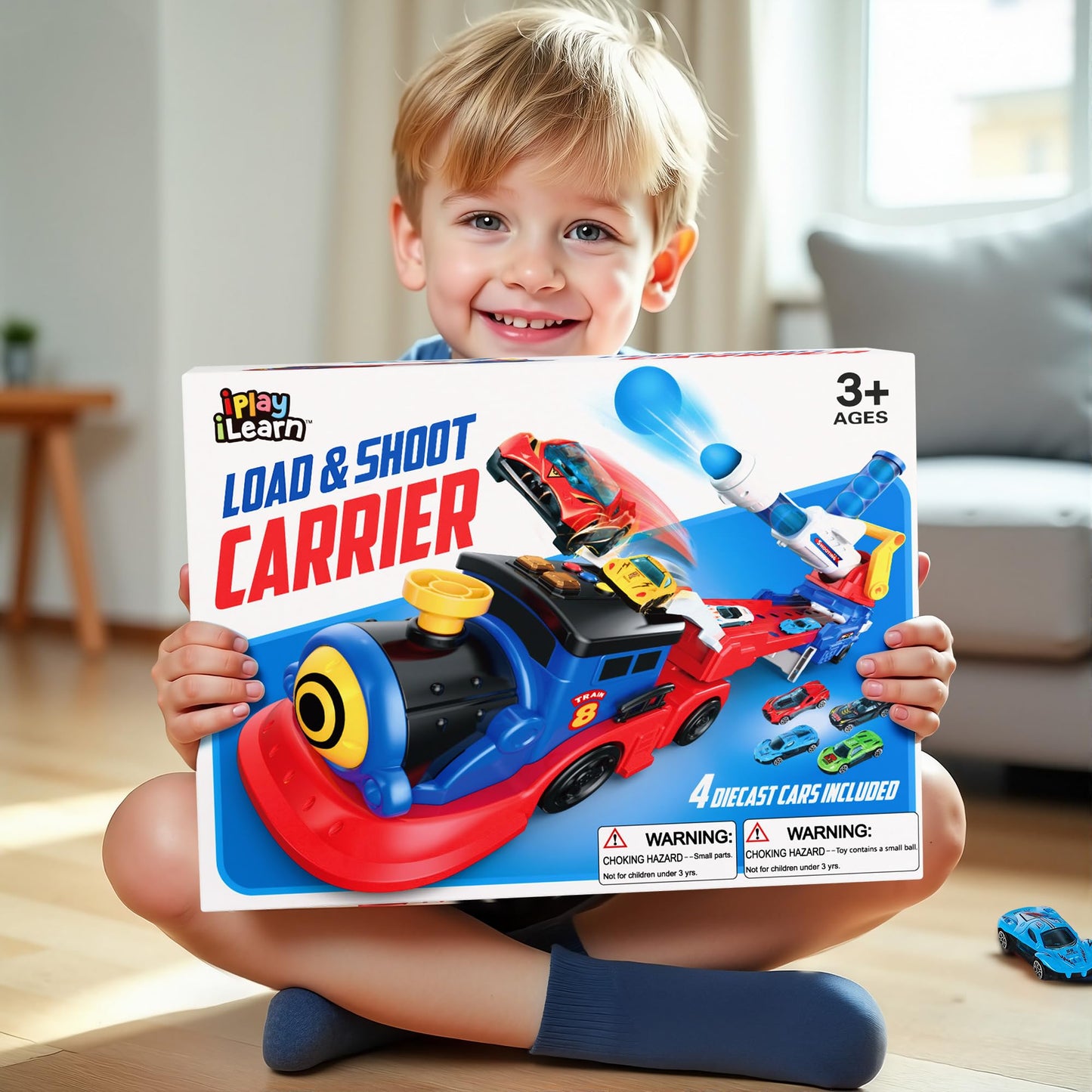 iPlay iLearn Kids Launching Truck Toy – 4 Diecast Cars, Ball Launcher, 28.5-Inch Racetrack for Ages 3-5