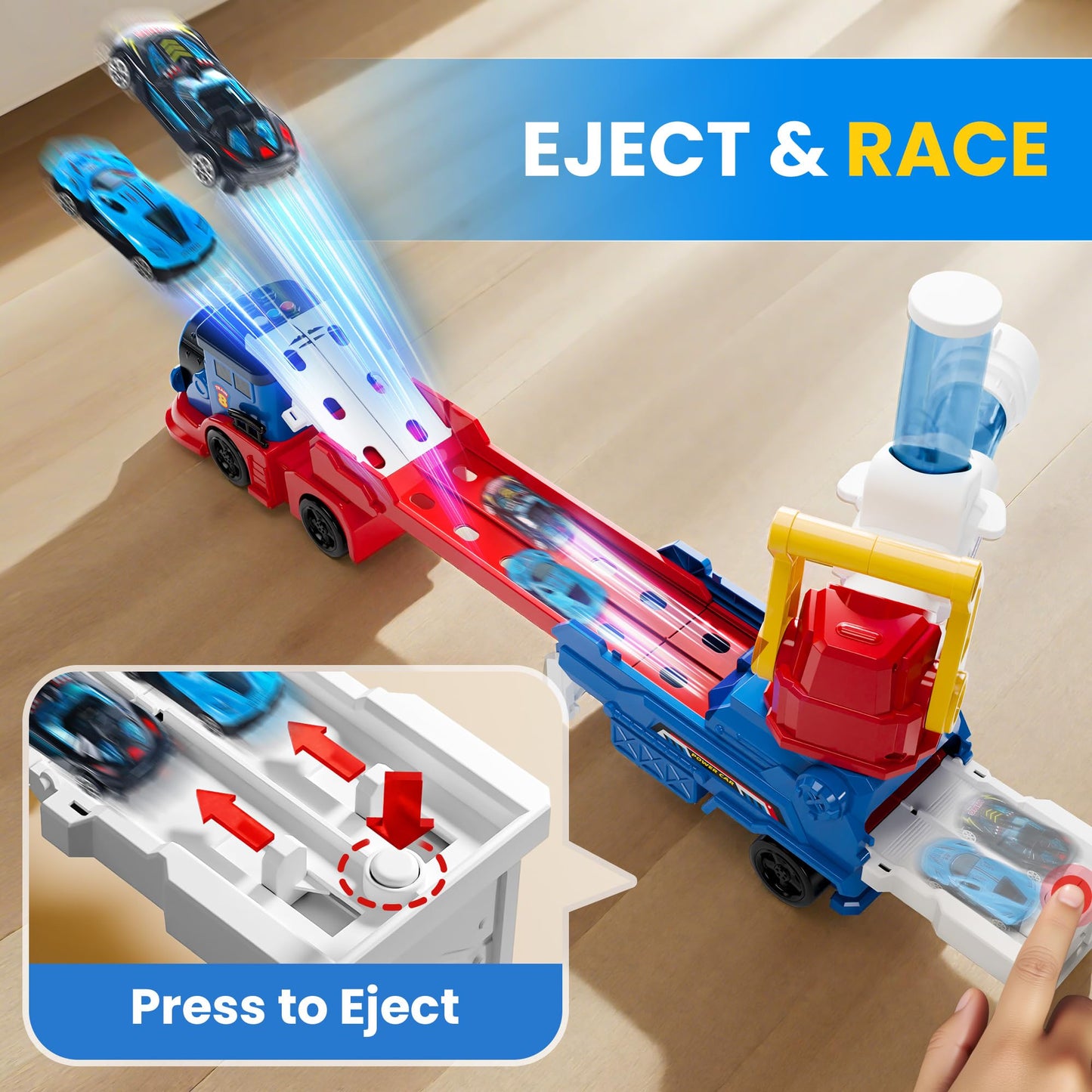 iPlay iLearn Kids Launching Truck Toy – 4 Diecast Cars, Ball Launcher, 28.5-Inch Racetrack for Ages 3-5