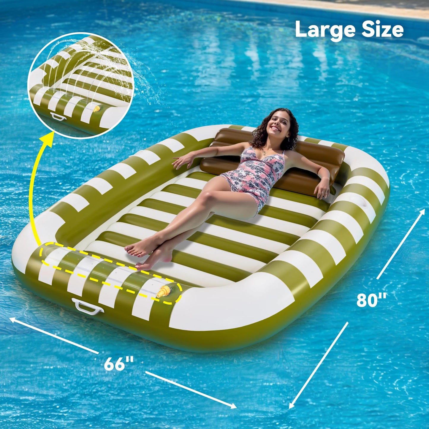 iPlay Pool Wave Inflatable Lounger – 80x66 in Green, Large Family Pool Float with Water Spray