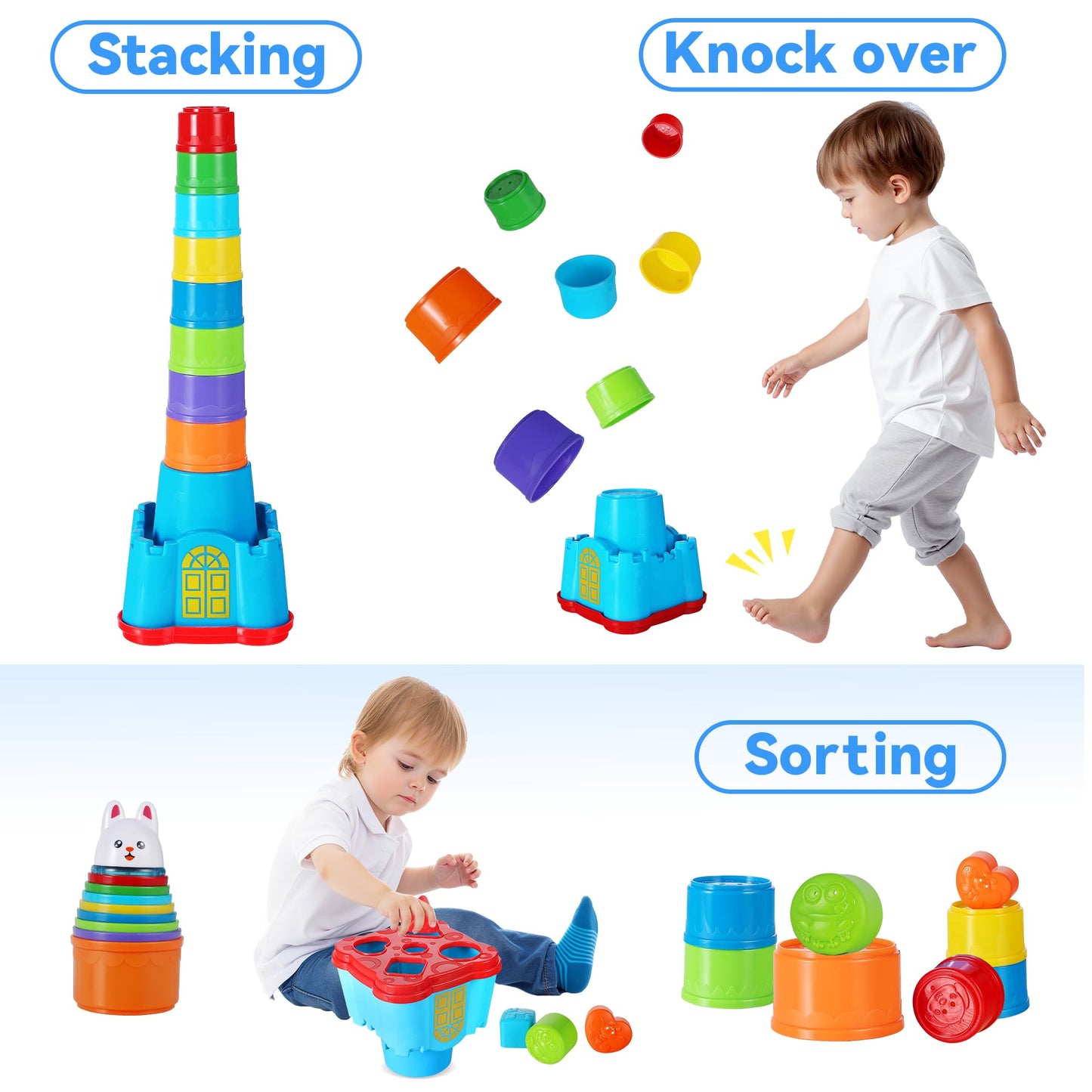 iPlay iLearn Baby Stacking Toys – 18-Piece Nesting Cups & Shape Sorter for 12–36 Months