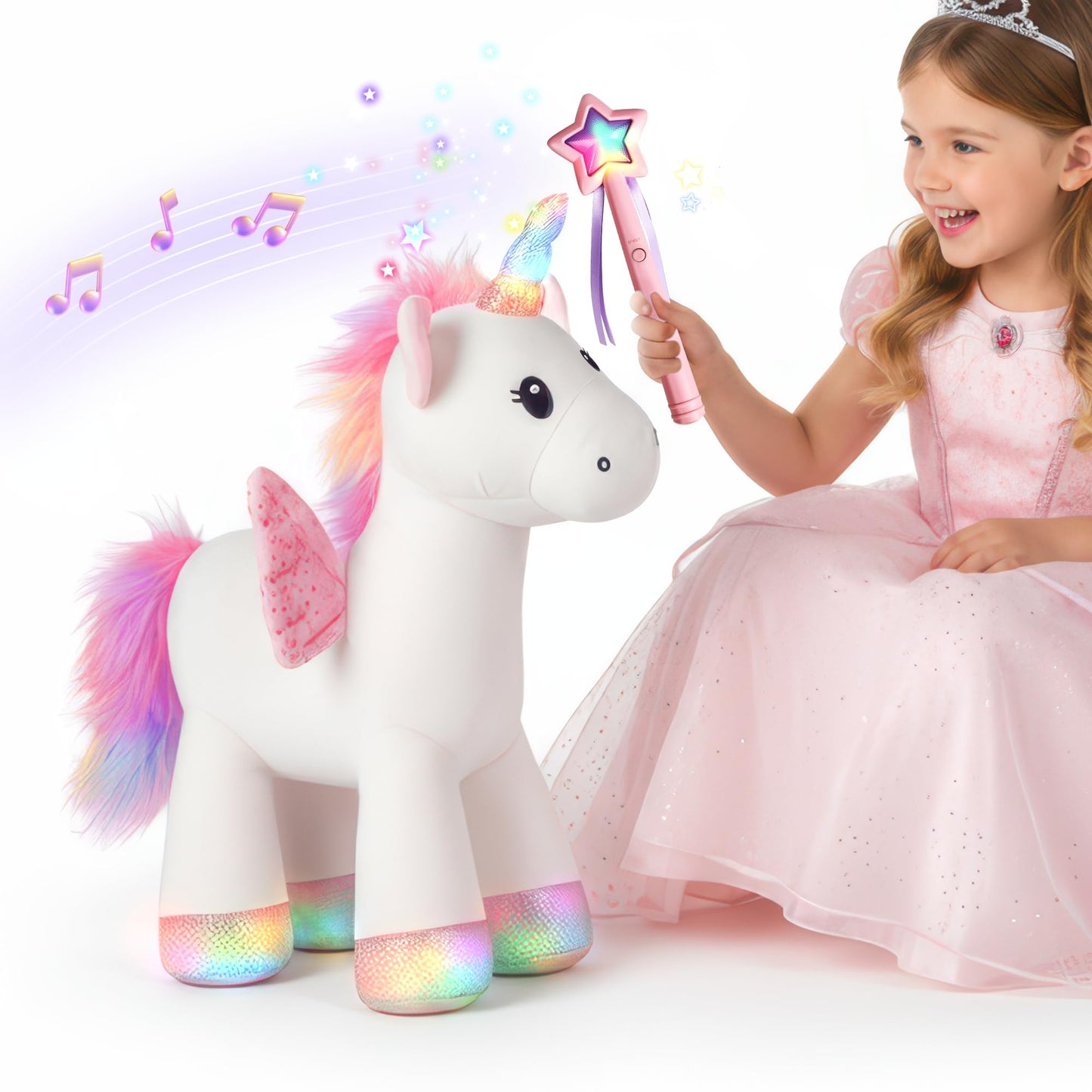 iPlay iLearn Plush Magic Unicorn Toy with Wand – Lights, Sounds & Interactive Play