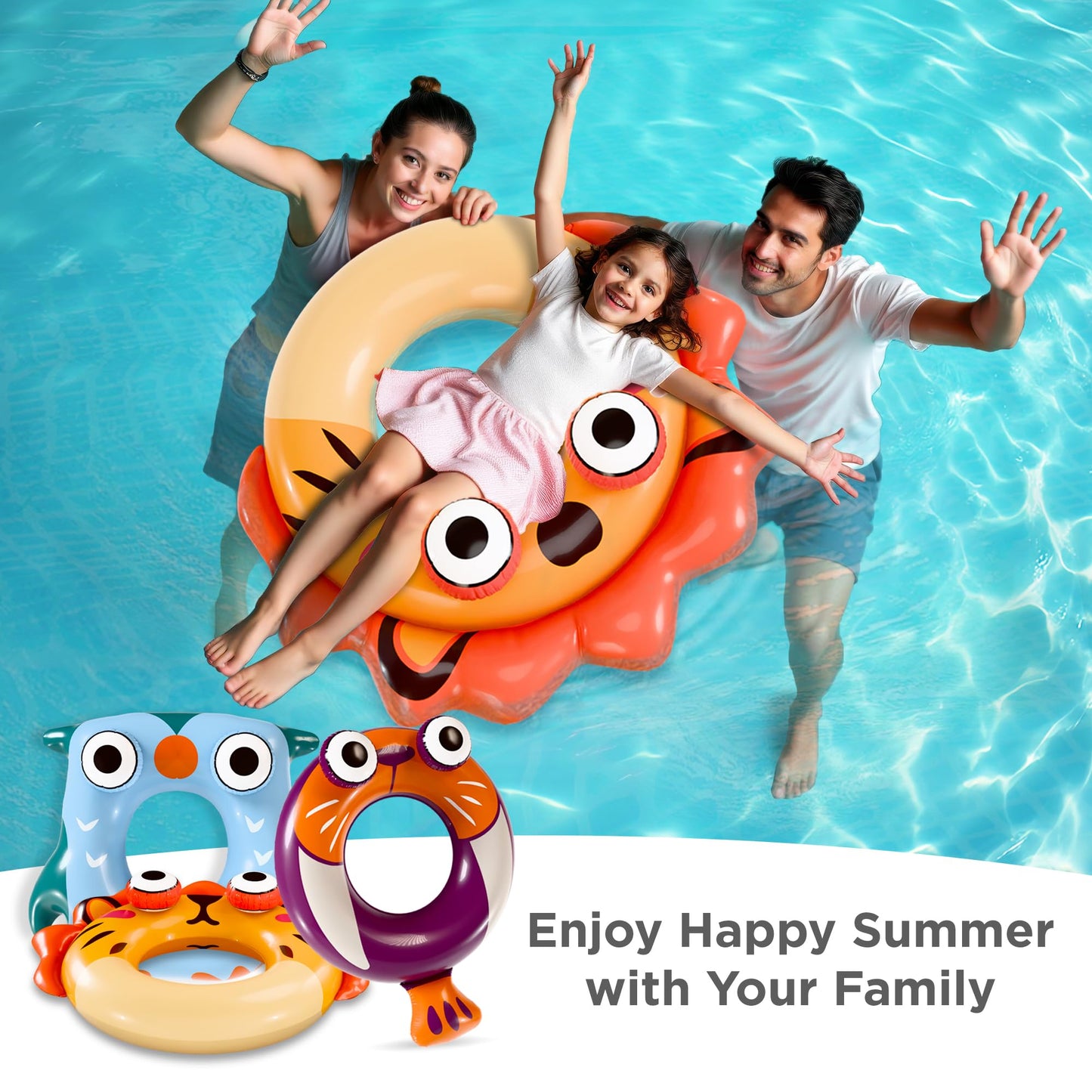 iPlay Pool Wave Kids Swim Rings – 3 Pack Animal Pool Floats for Ages 3-10