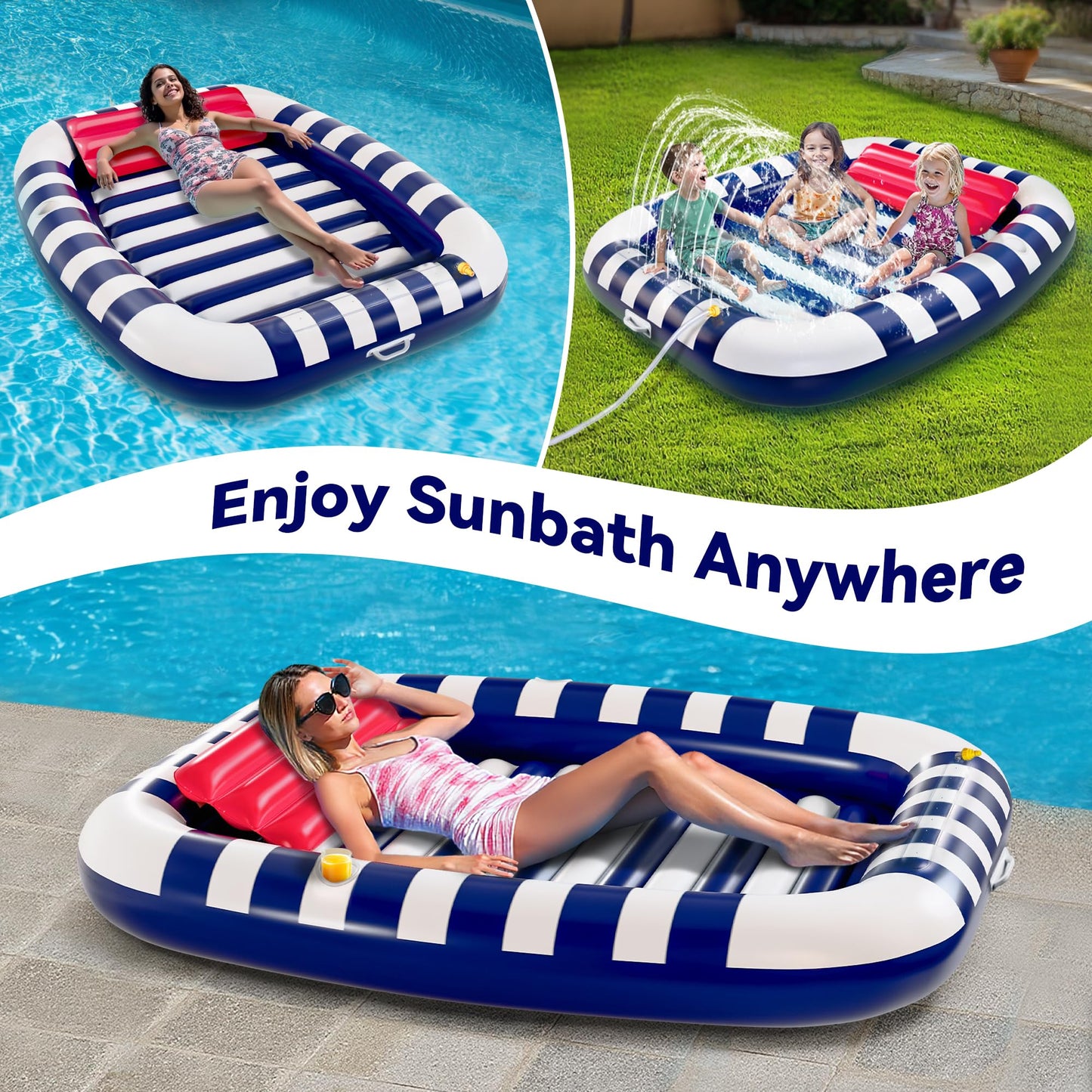 iPlay Pool Wave Inflatable Lounger with Water Sprinkler – 80 x 66 in Blue