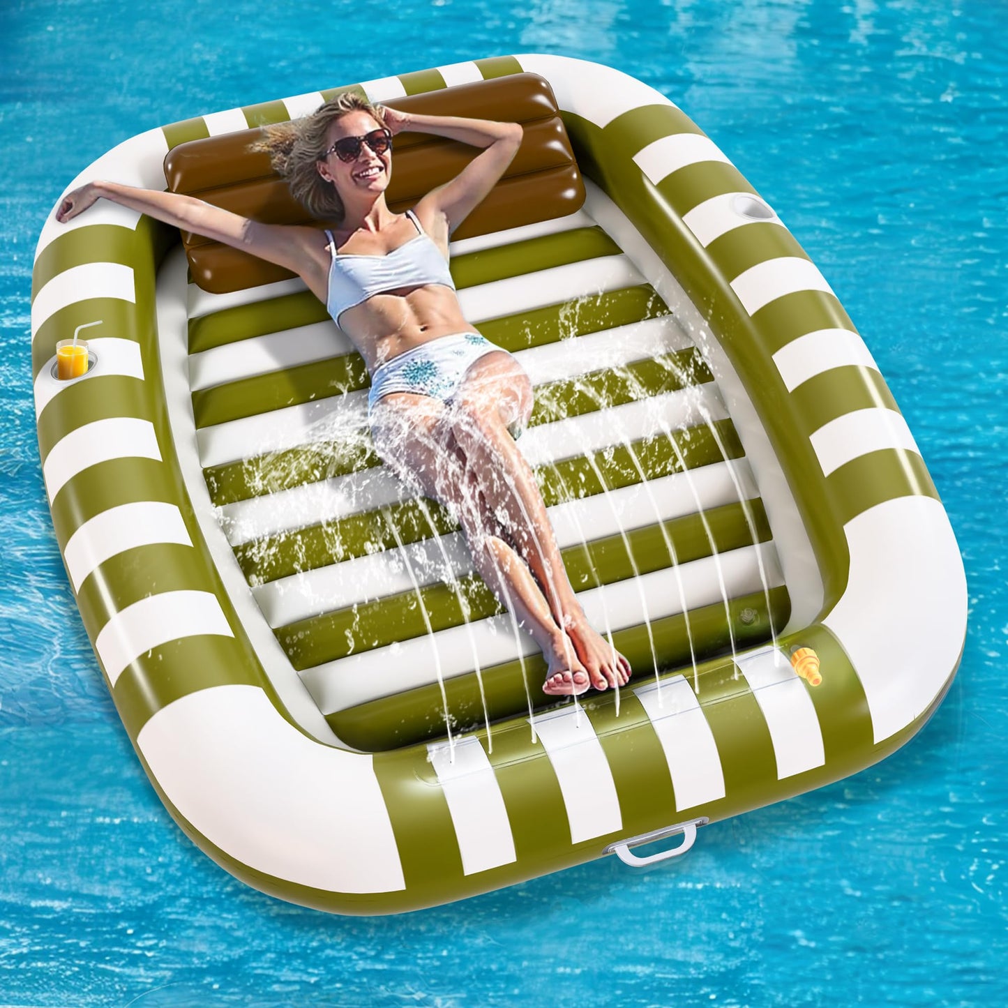 iPlay Pool Wave Inflatable Lounger – 80x66 in Green, Large Family Pool Float with Water Spray