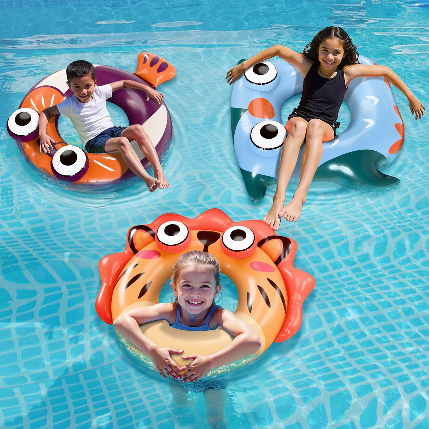 iPlay Pool Wave Kids Swim Rings – 3 Pack Animal Pool Floats for Ages 3-10