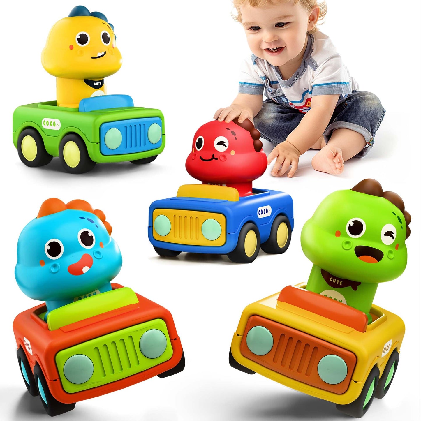 iPlay, iLearn Press Go Car Toys for Toddlers 1-3 — Dino Race Cars & Push-Go Friction Toy