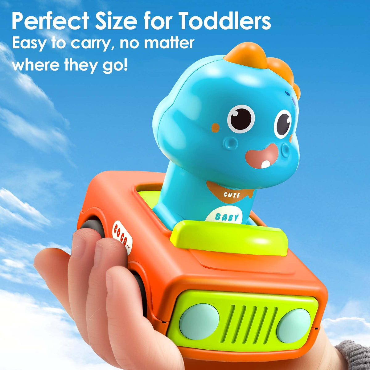 iPlay, iLearn Press Go Car Toys for Toddlers 1-3 — Dino Race Cars & Push-Go Friction Toy