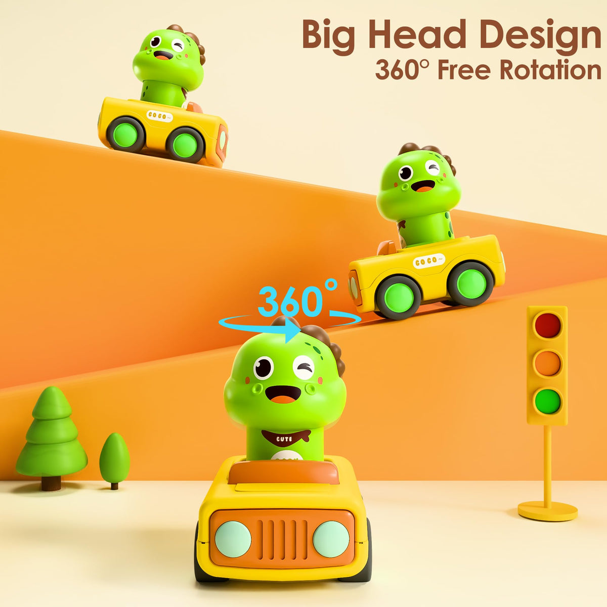 iPlay, iLearn Press Go Car Toys for Toddlers 1-3 — Dino Race Cars & Push-Go Friction Toy
