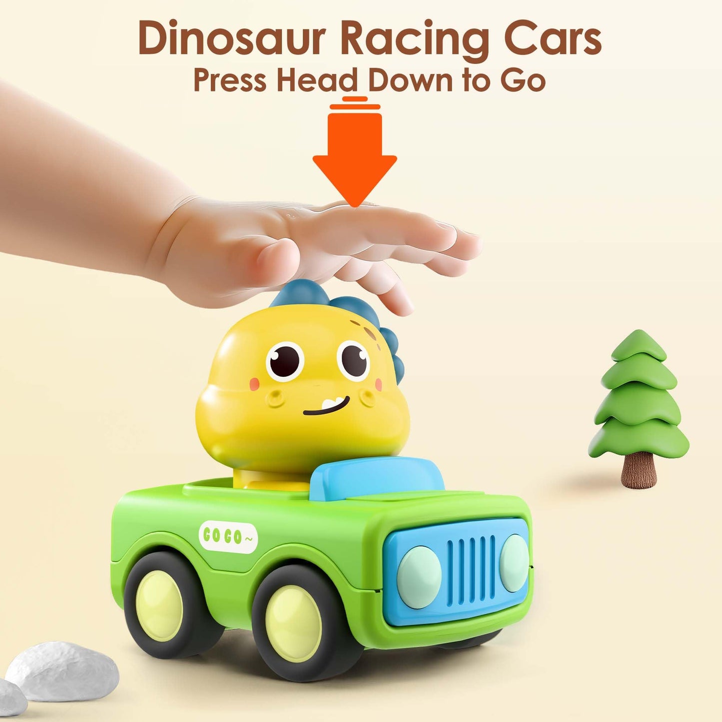 iPlay, iLearn Press Go Car Toys for Toddlers 1-3 — Dino Race Cars & Push-Go Friction Toy