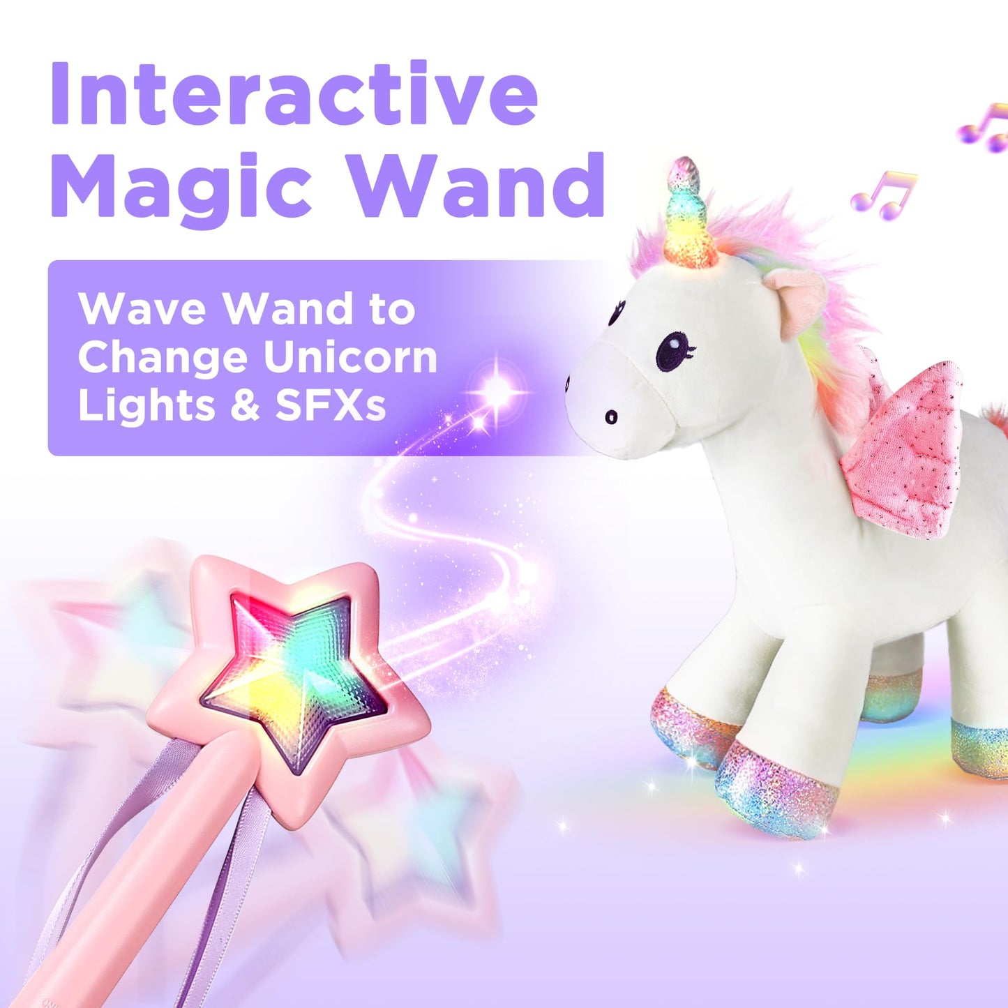 iPlay iLearn Plush Magic Unicorn Toy with Wand – Lights, Sounds & Interactive Play