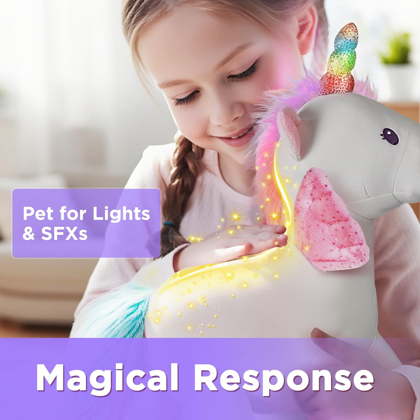 iPlay iLearn Plush Magic Unicorn Toy with Wand – Lights, Sounds & Interactive Play