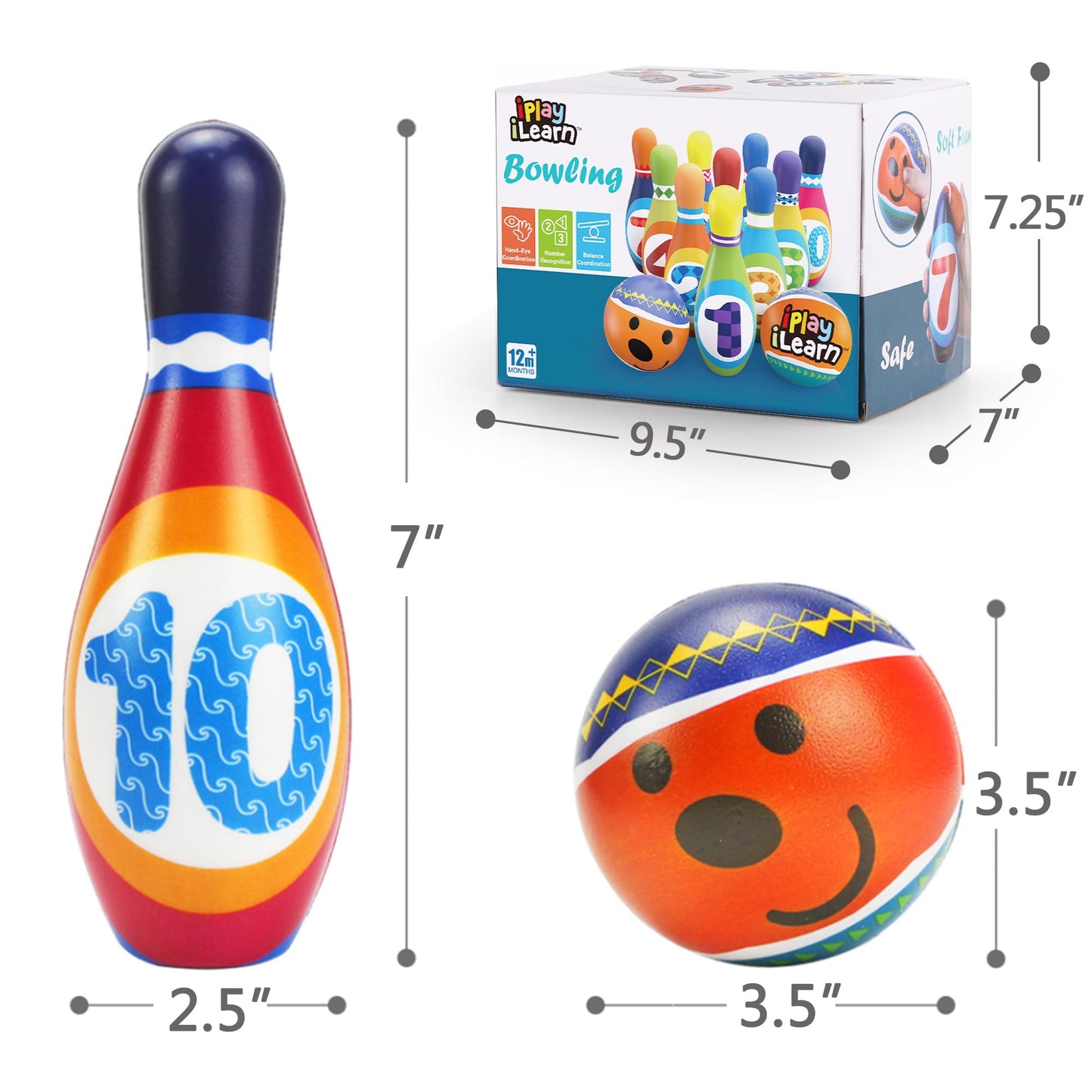 iPlay iLearn Kids Bowling Set – 10 Foam Pins & 2 Balls for Toddlers 18–36 Months