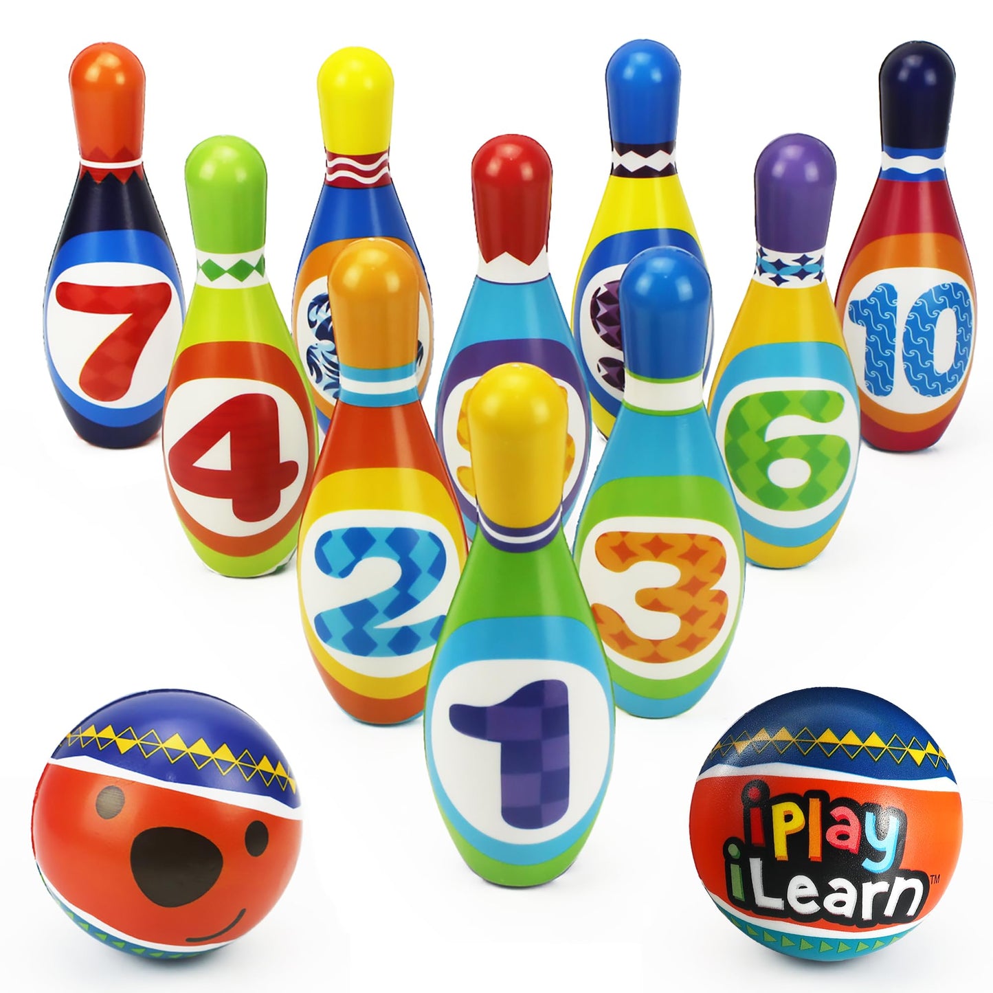 iPlay iLearn Kids Bowling Set – 10 Foam Pins & 2 Balls for Toddlers 18–36 Months