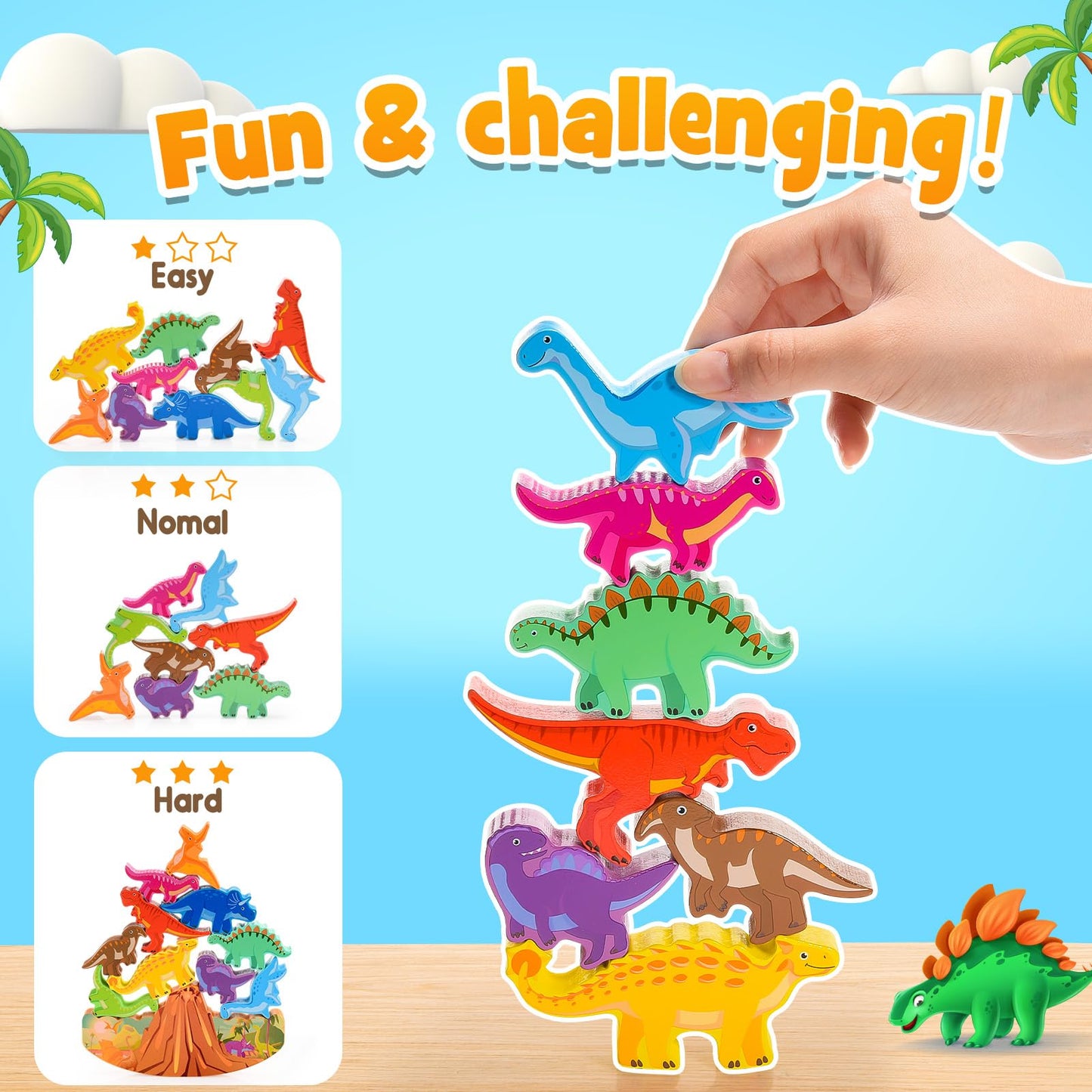 IPOURUP Dinosaur Stacking Blocks – Montessori Wooden Toy for 3-8 Kids | Balance & Color Discovery