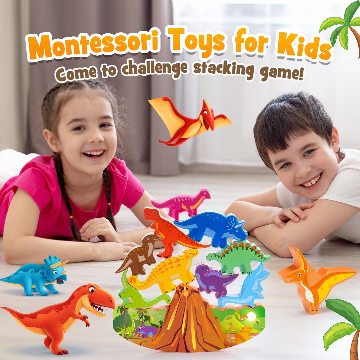 IPOURUP Dinosaur Stacking Blocks – Montessori Wooden Toy for 3-8 Kids | Balance & Color Discovery