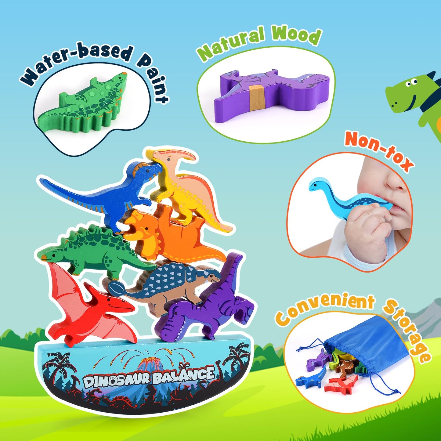 IPOURUP Dinosaur Stacking Blocks – Montessori Wooden Toys for Ages 3-7 (Double Version)